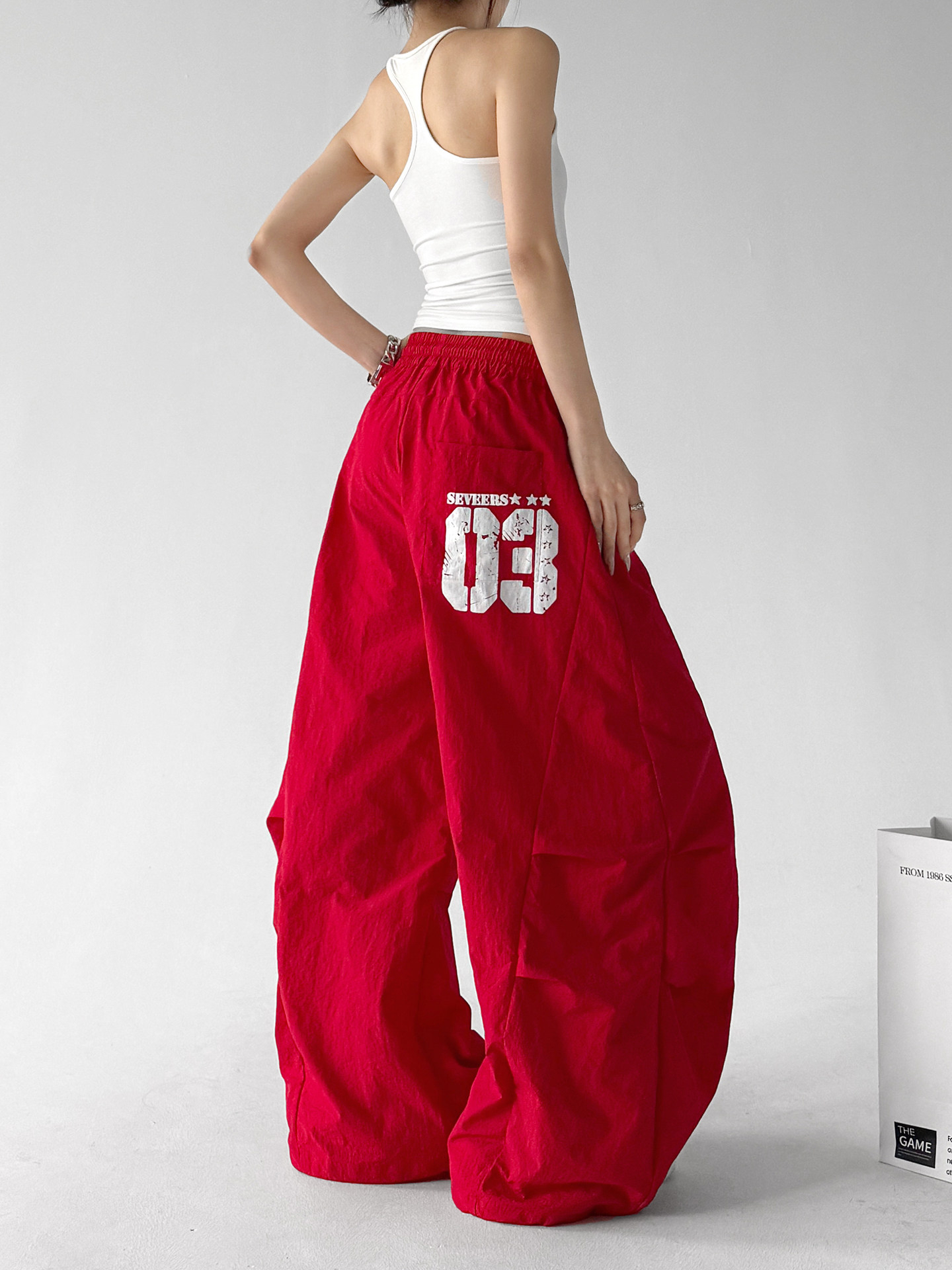 American Street Print Wide Leg Pants, Red Curved Trousers