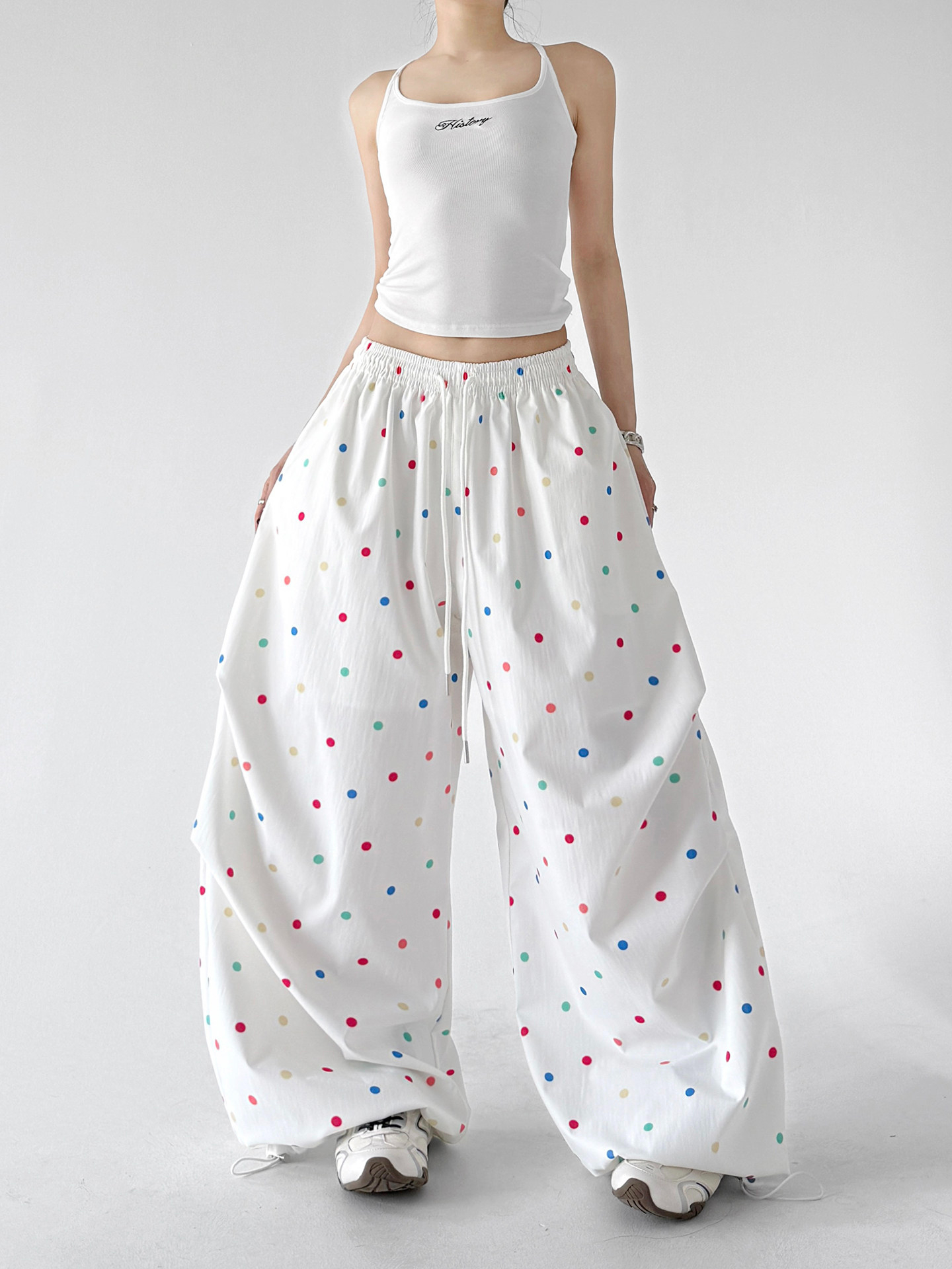 Dopamine Polka Dot Wide Leg Pants, White Casual Trousers