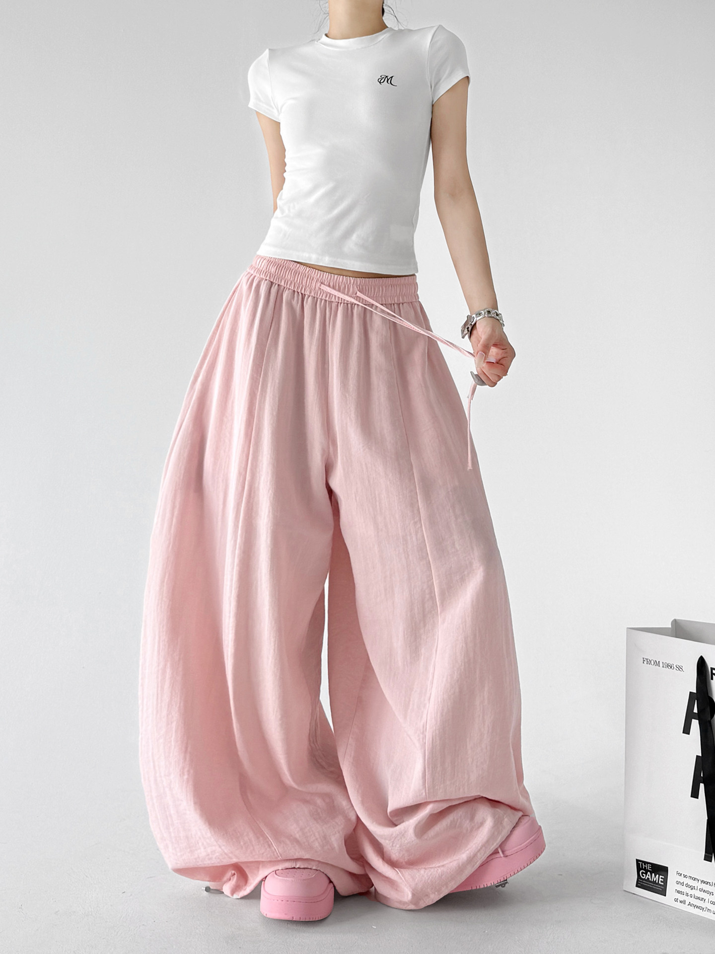 Lazy High Waist Linen Wide Leg Pants, Pink&White Drape Trousers