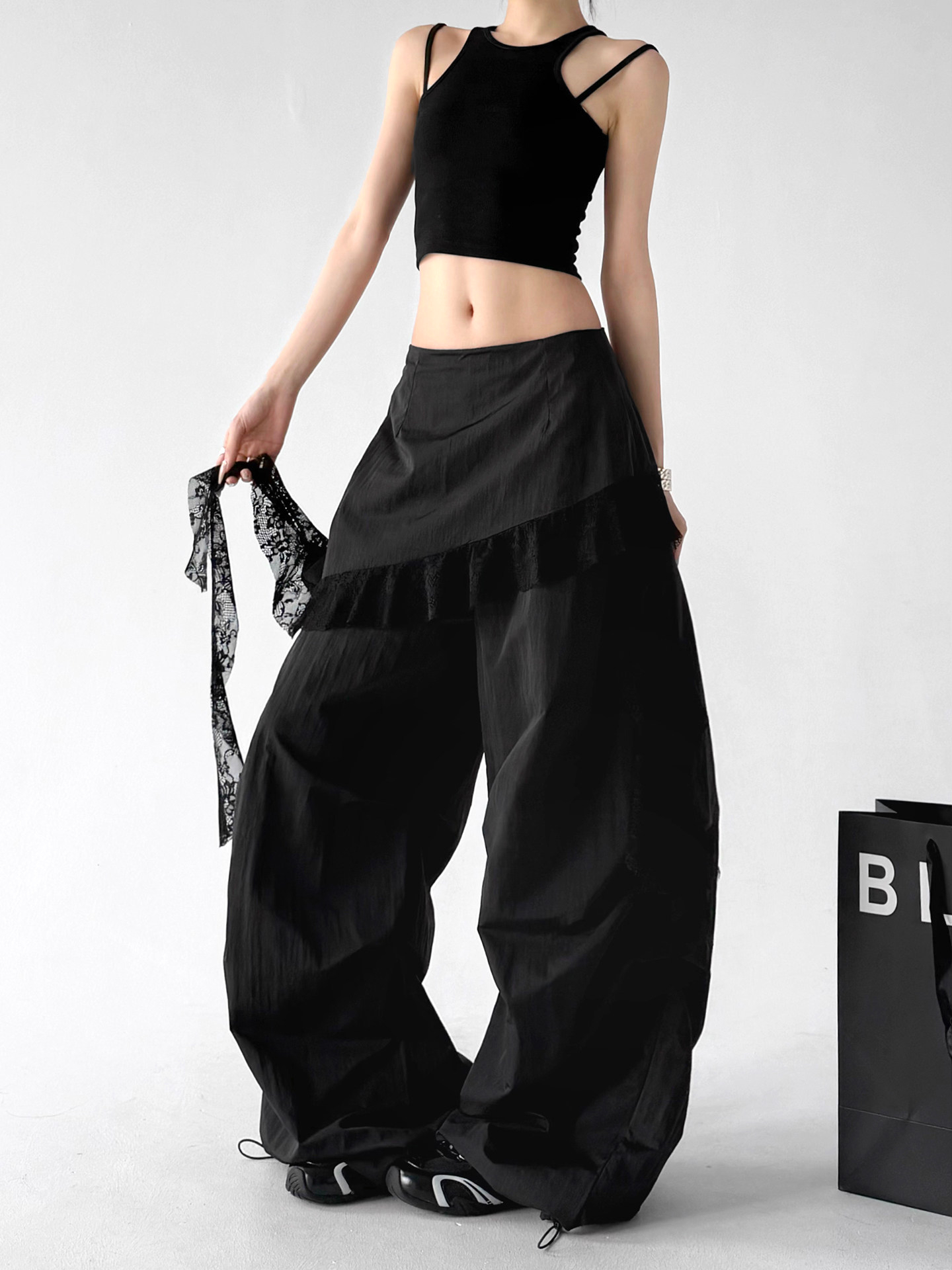 Black Lace Splicing Loose Casual Wide Leg Pants