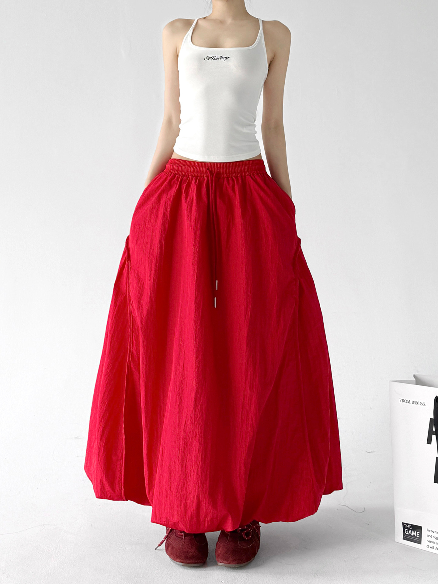 Red Bud High Waist Flared A-Line Maxi Skirt