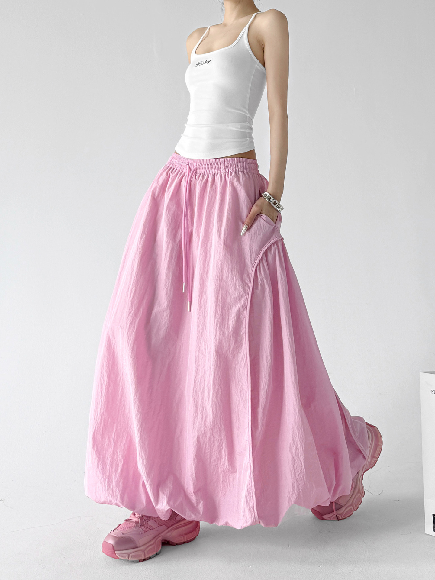 Pink Bud High Waist Flared A-Line Maxi Skirt