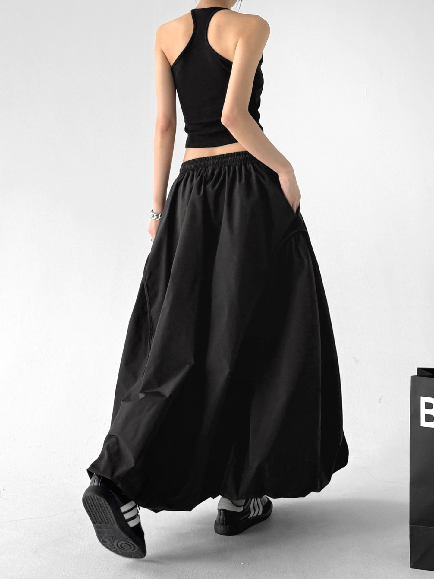 Black Bud High Waist Flared A-Line Maxi Skirt