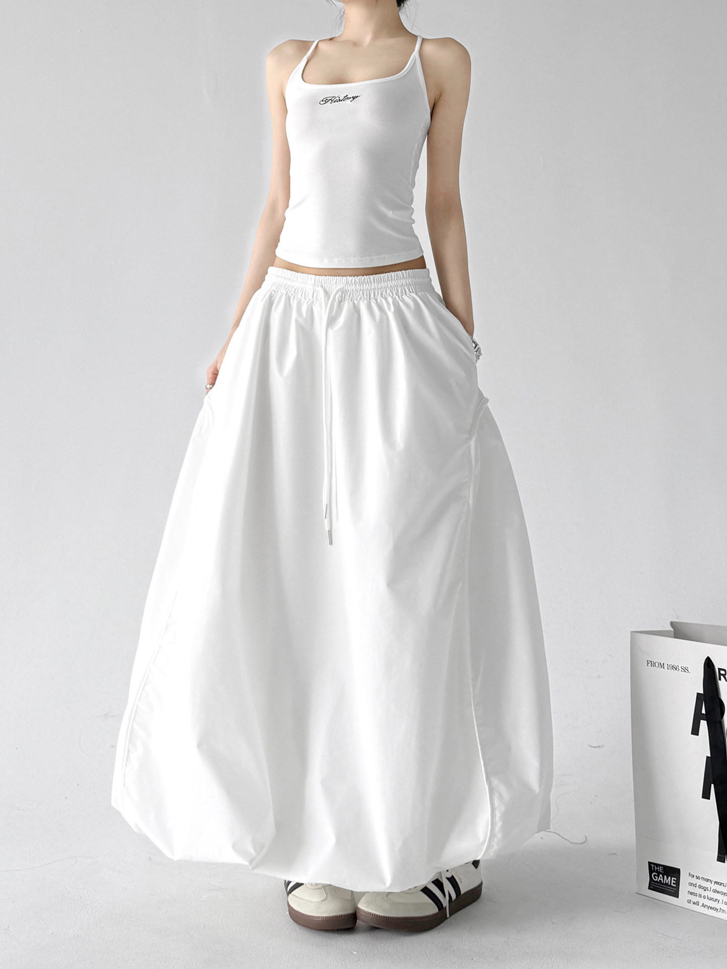 White Bud High Waist Flared A-Line Maxi Skirt