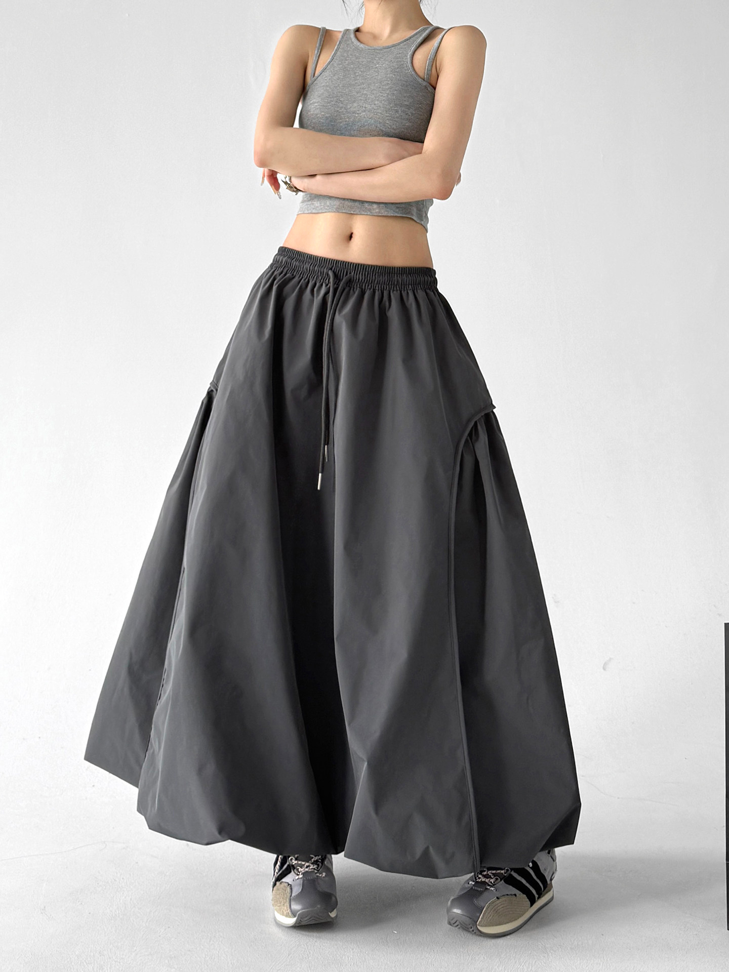 Gray Bud High Waist Flared A-Line Maxi Skirt