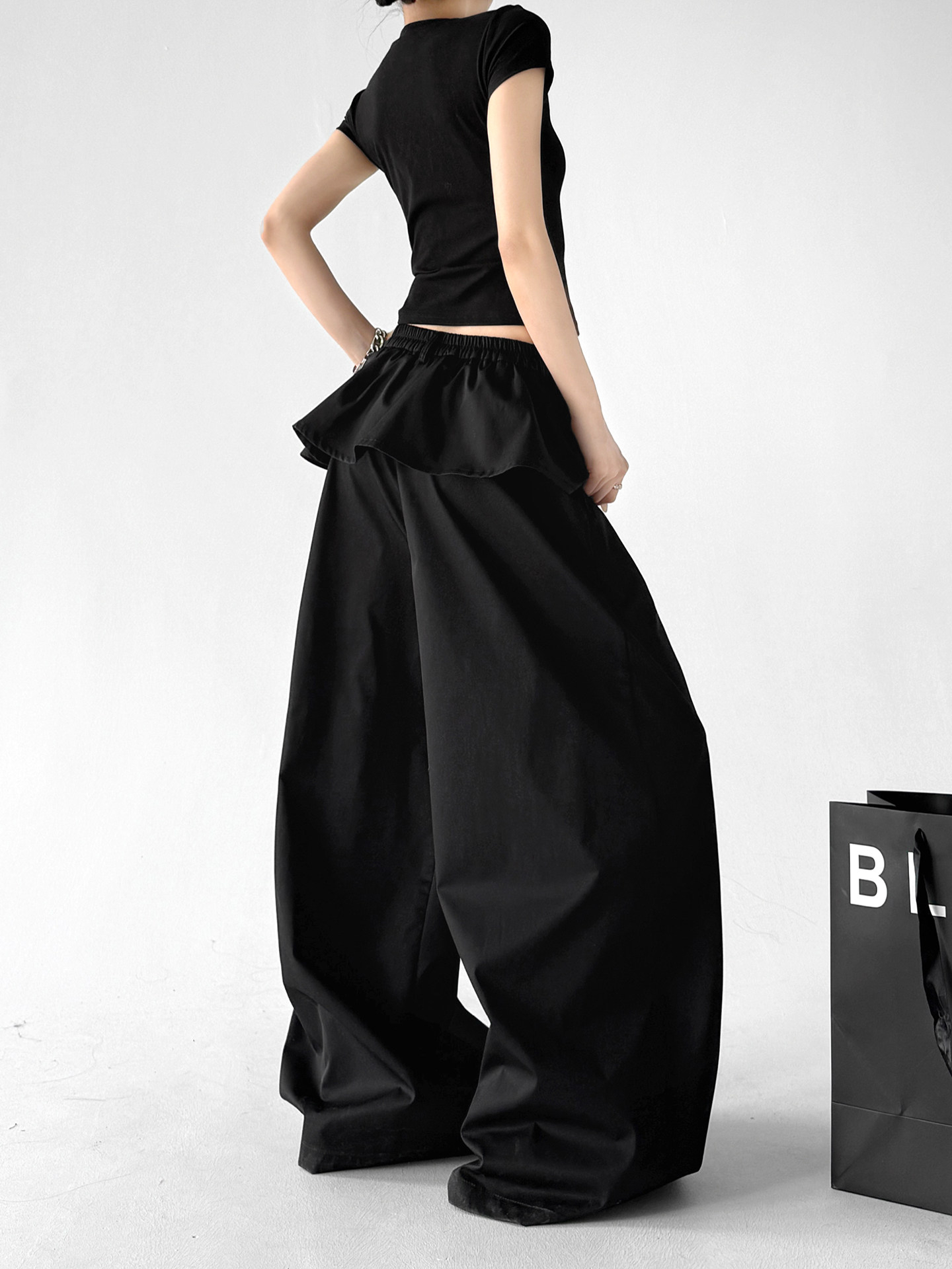 Black Ruffle Fake Two-Piece Loose Wide Leg Skirt Pants