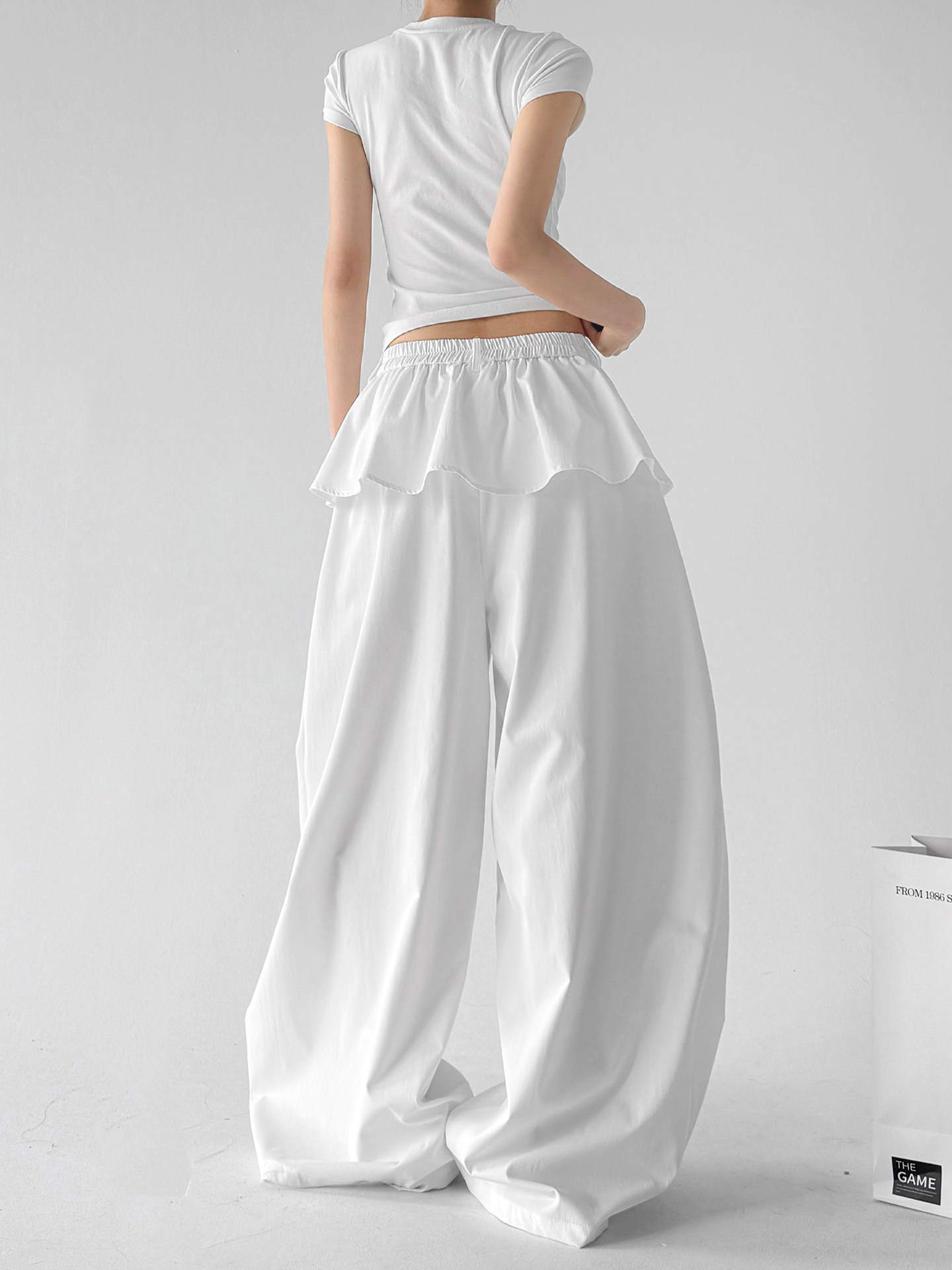 White Ruffle Fake Two-Piece Loose Wide Leg Skirt Pants