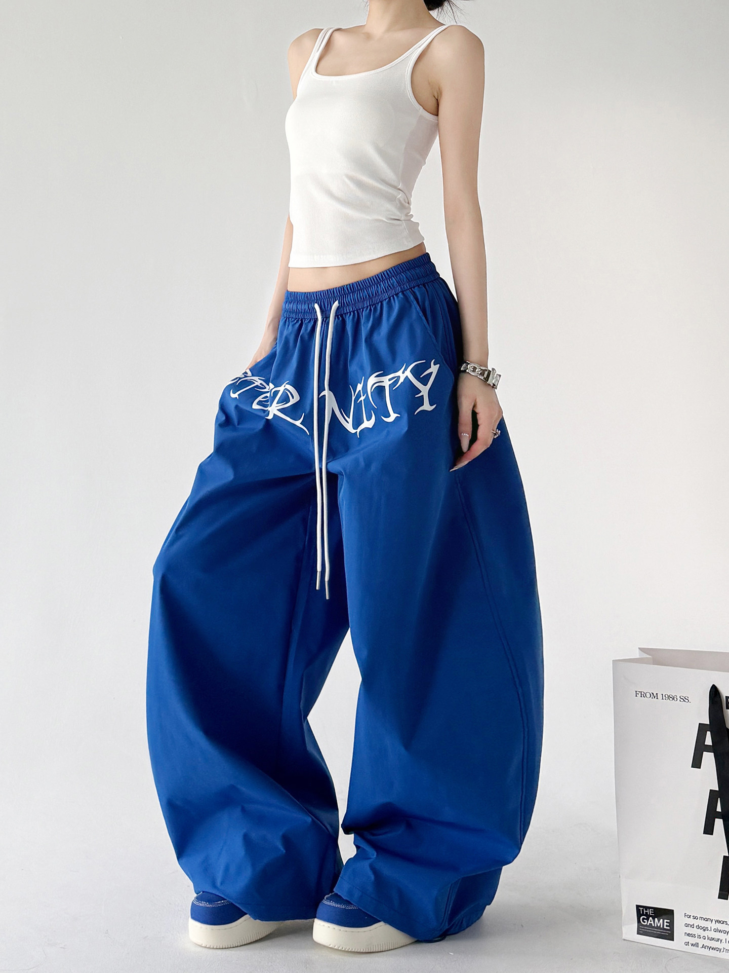 Blue Drawstring Street Dance Loose Wide Leg Pants