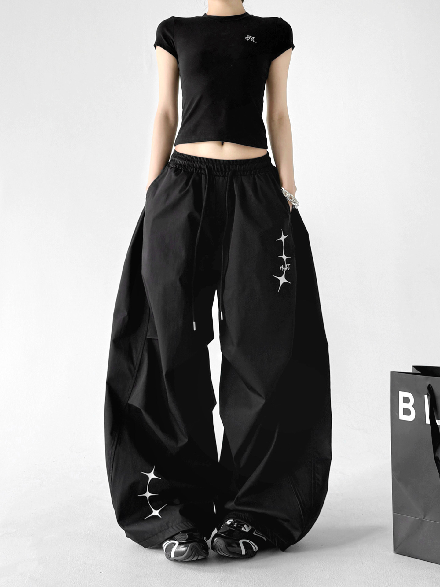 Black Loose Parachute Cargo Outdoor Wide Leg Pants