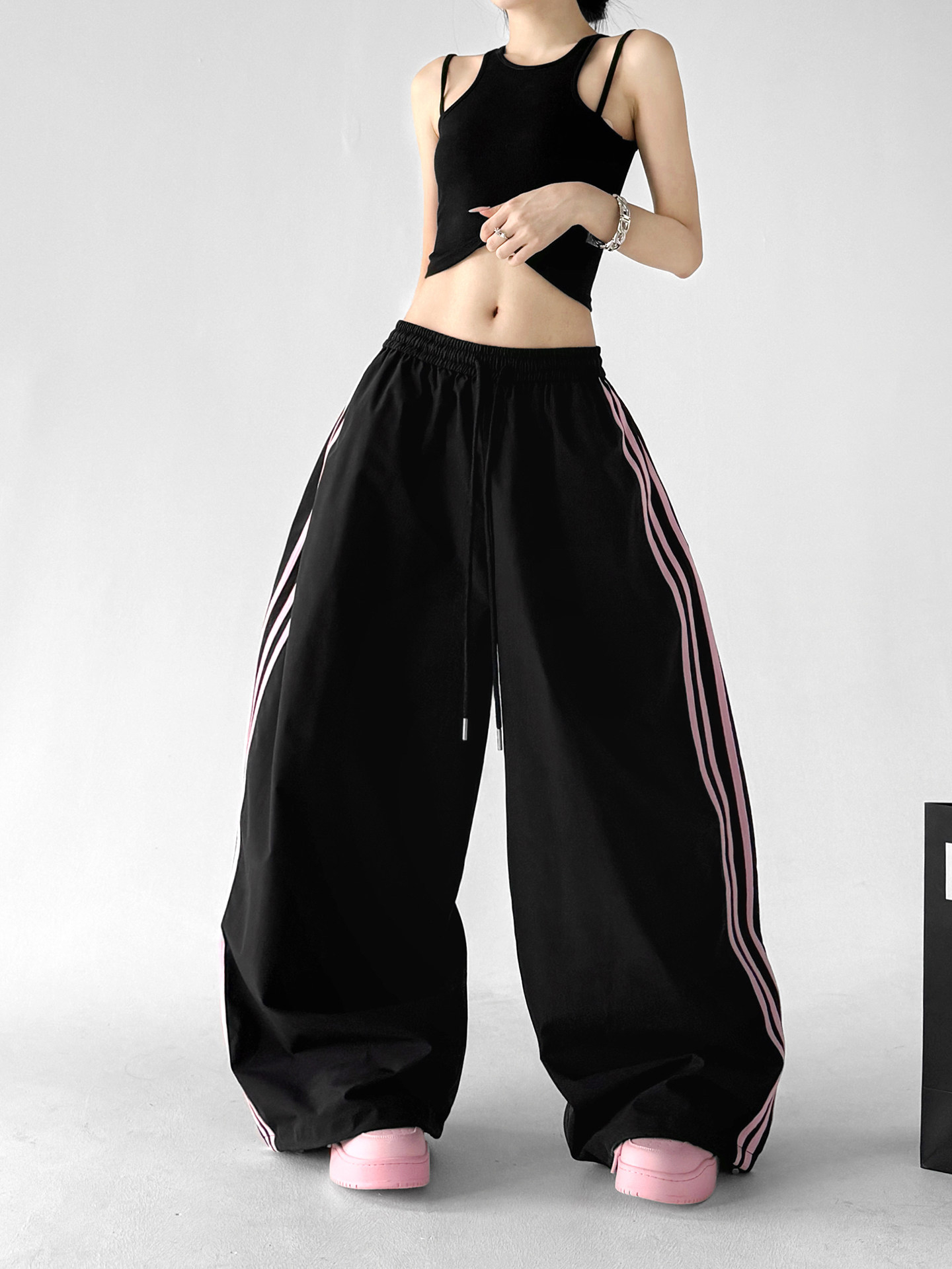 Black Color Block Stripe Elastic Waist Wide Leg Pants