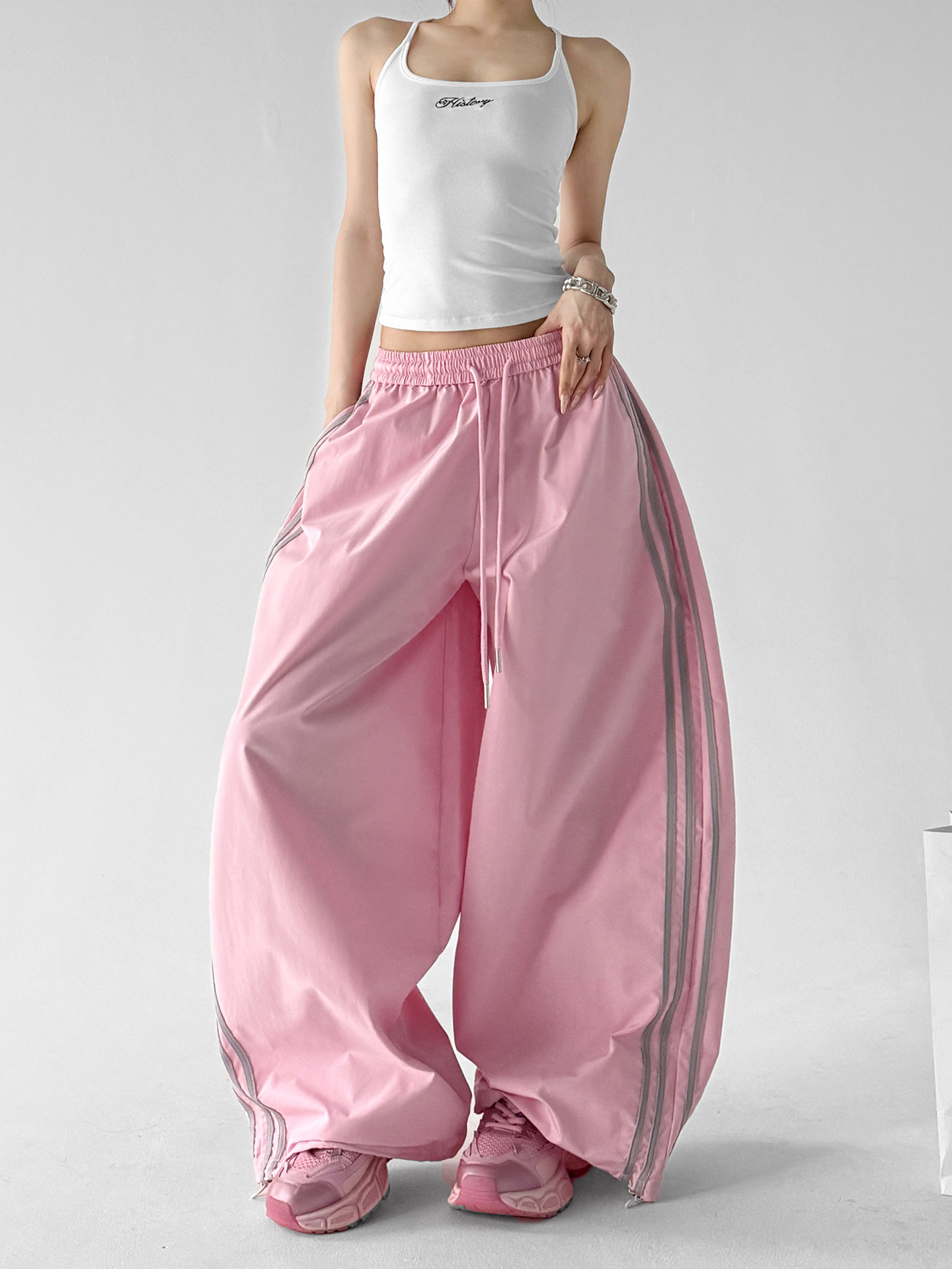 Pink Color Block Stripe Elastic Waist Wide Leg Pants
