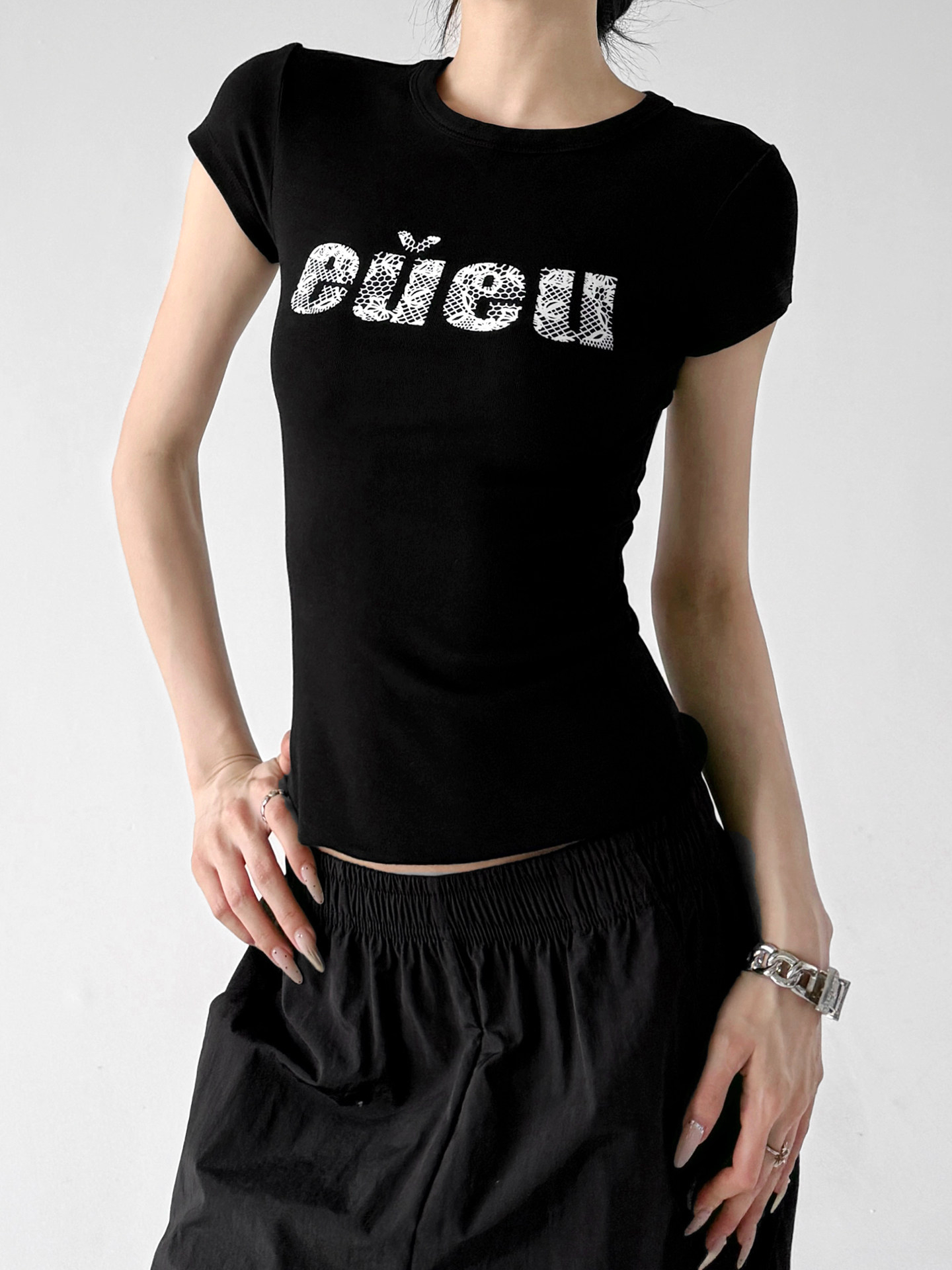 Black Letter Print Slim Fit Crew Neck Short Sleeve Tee
