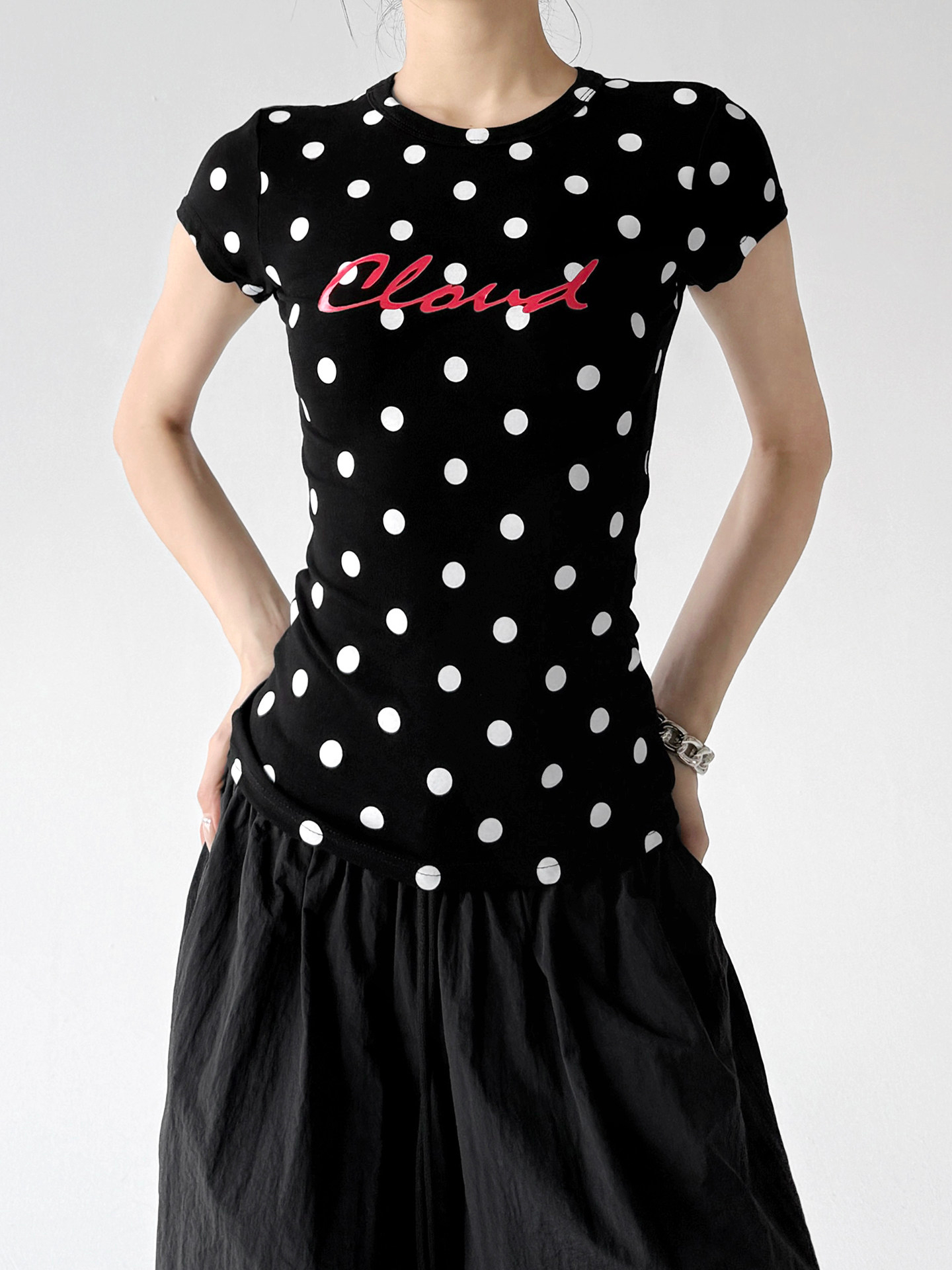 Black Polka Dot Slim Fit Casual Short Sleeve Top