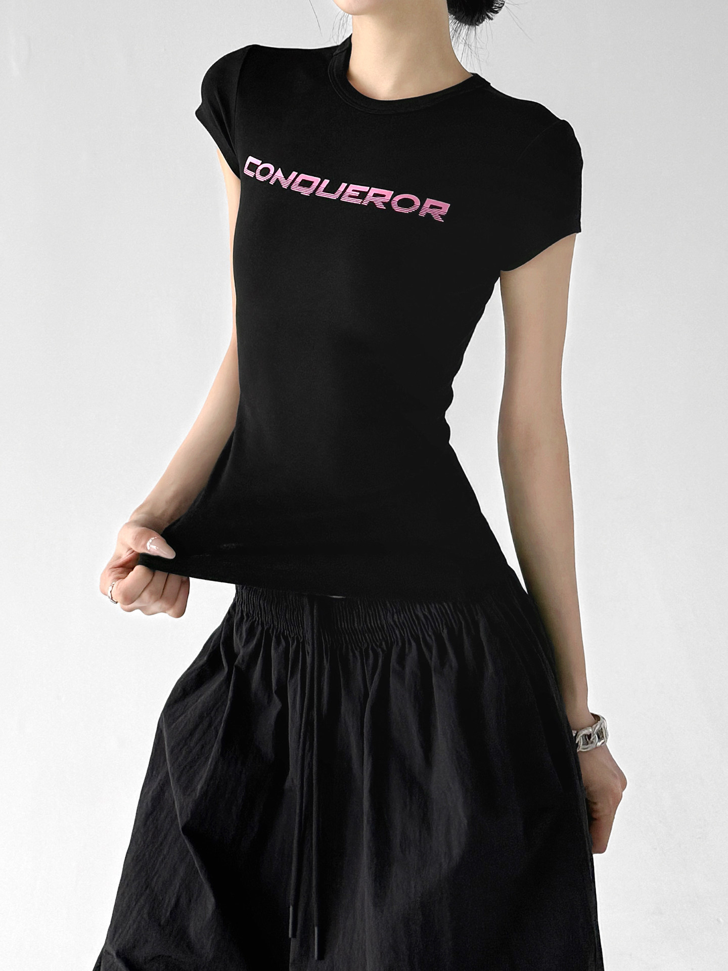 Black Letter Print Slim Casual Short Sleeve Top