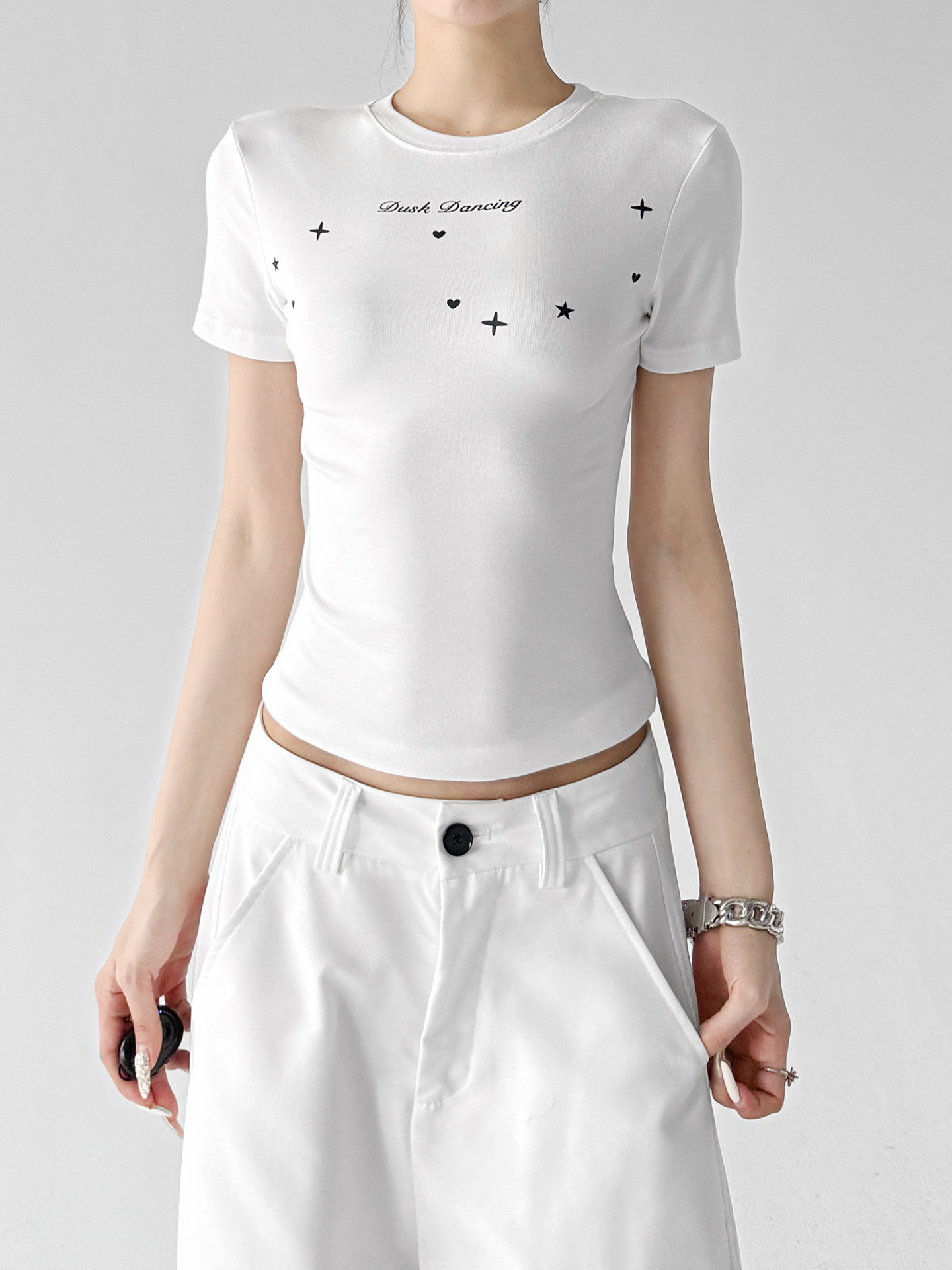 White Star Print Slim Casual Short Sleeve Tee