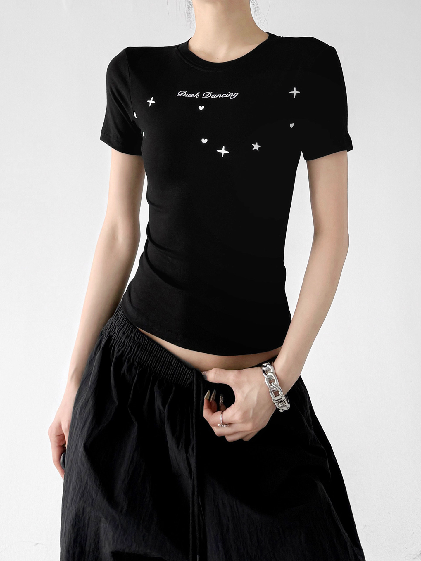Black Star Print Slim Casual Short Sleeve Tee