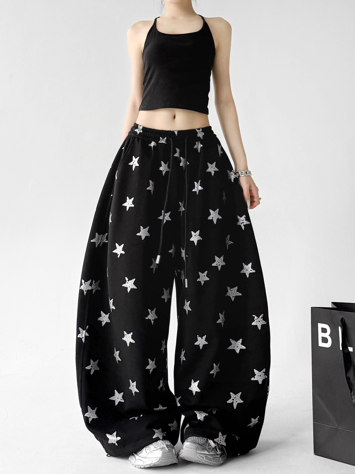 Black Star Print Loose High Waist Wide Leg Sports Pants