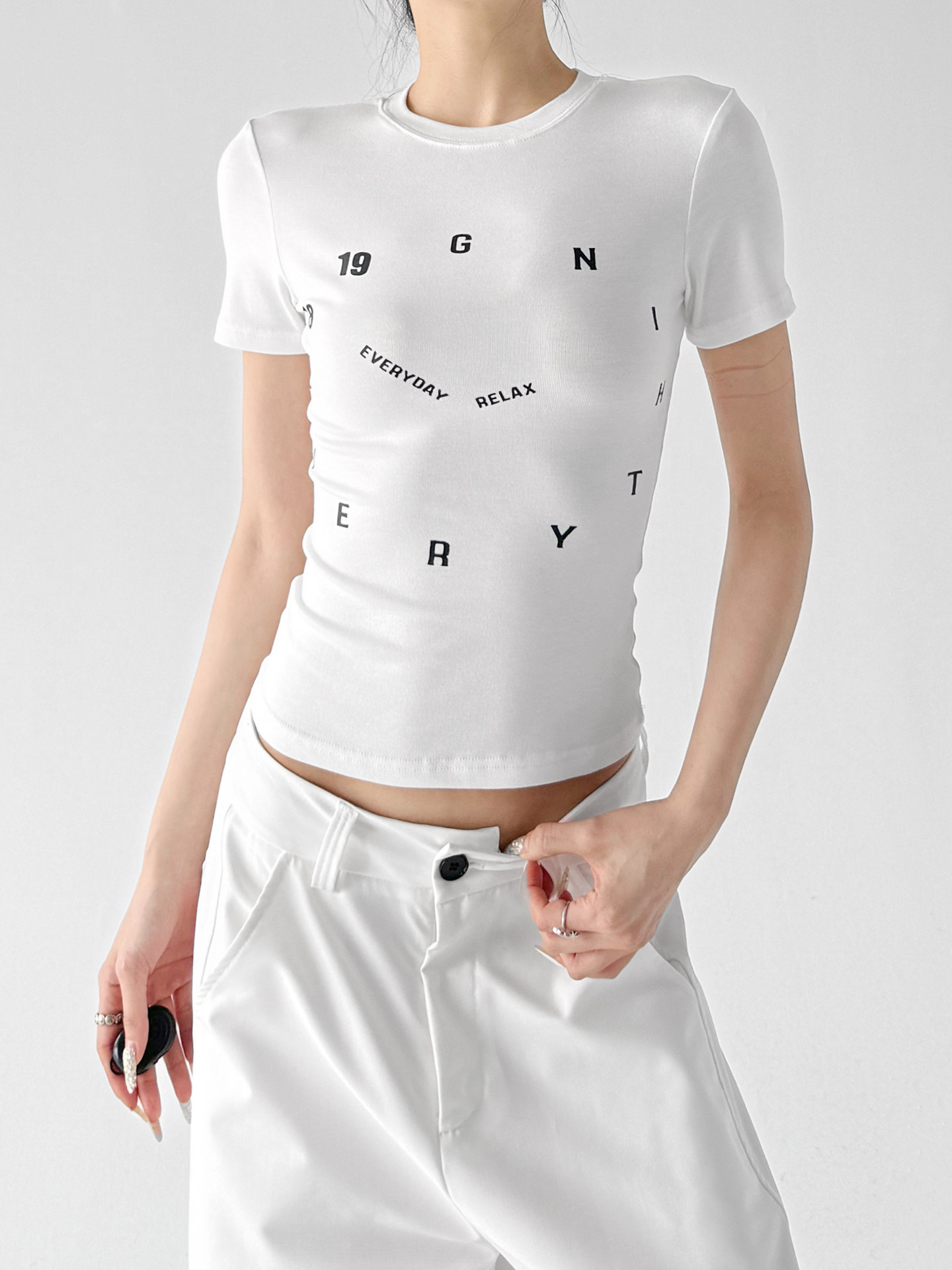 White Clock Letter Print Slim Fit Casual Short Sleeve Tee