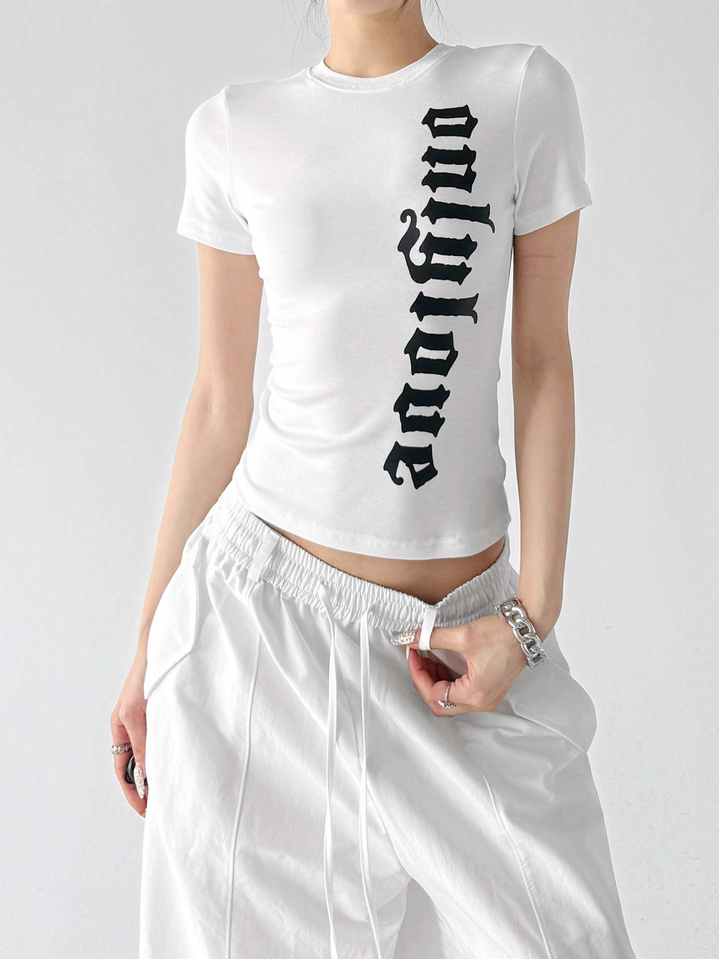 White Elegant Letter Print Slim Fit Short Sleeve Top