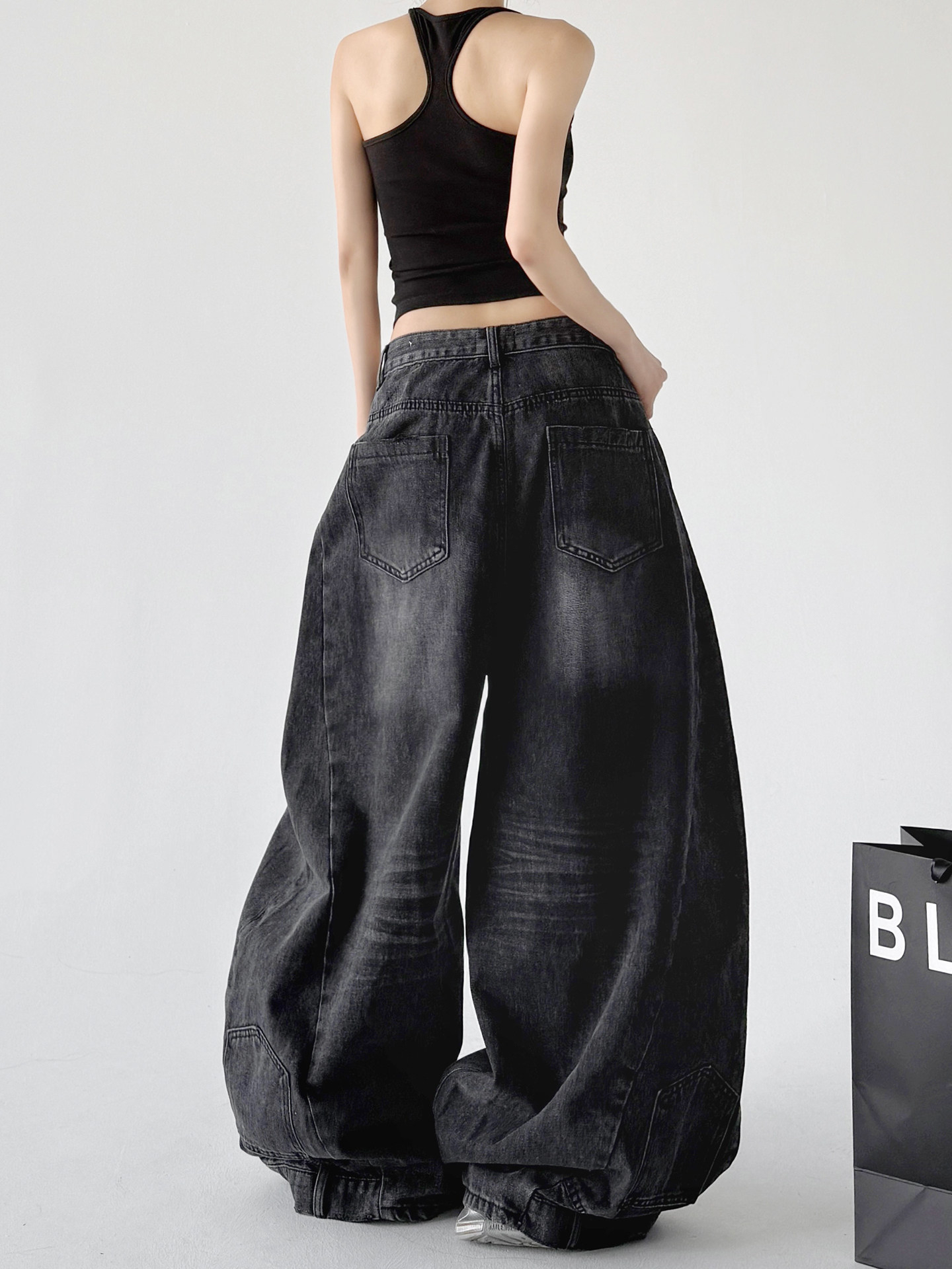 American Style Black Distressed Loose Floor-Length Wide Leg Jeans