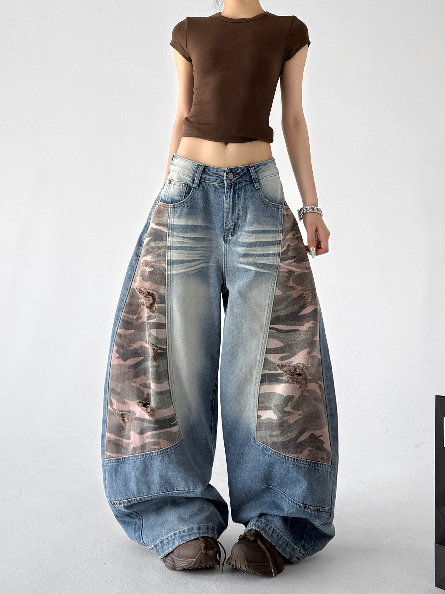 Camouflage Patchwork Hip Hop Curved Wide Leg Jeans