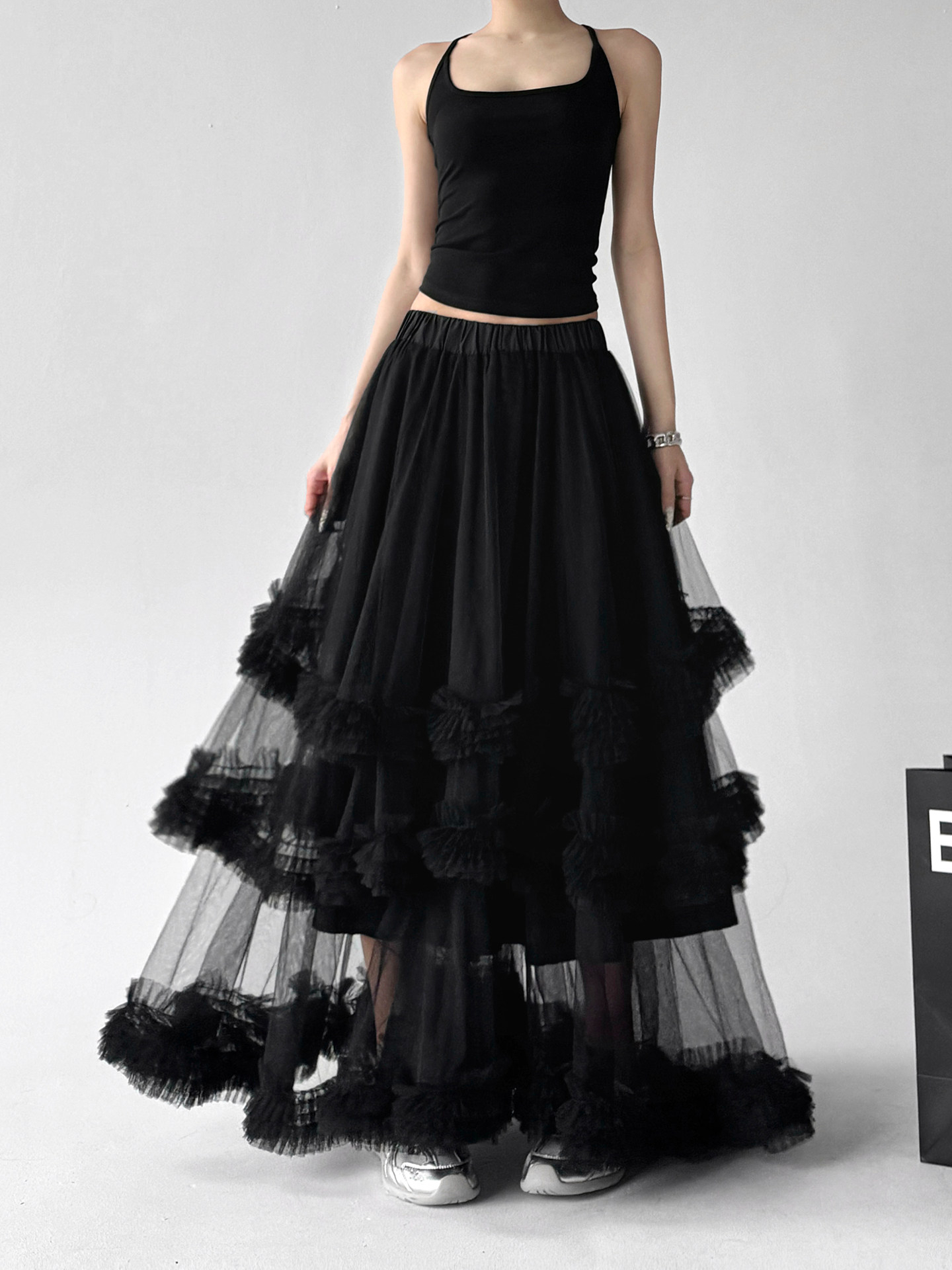 Dark Cool Mesh Tiered Puffy Midi Skirt