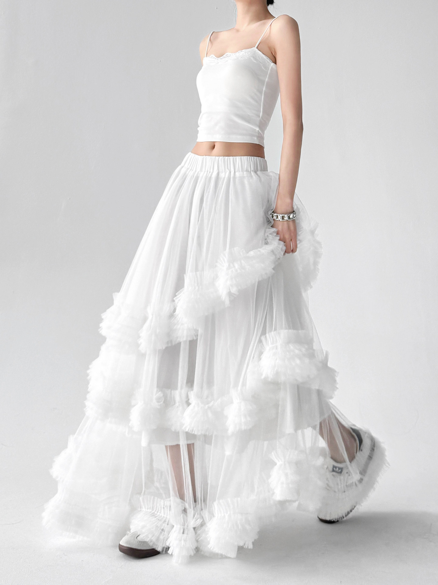High Waist Ruffle Irregular Flowy Mesh Long Skirt