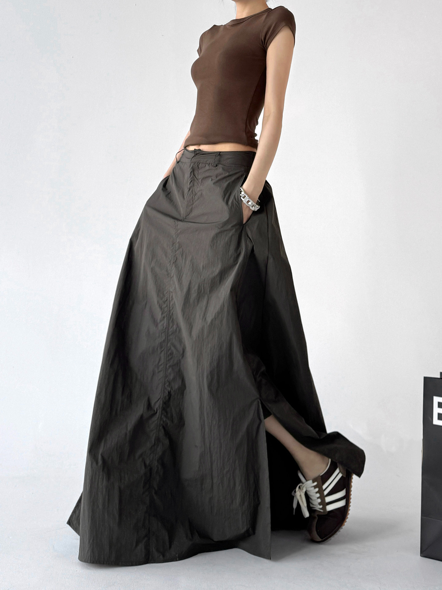 Khaki High Waist Slit Pleated Slim Long A-Line Skirt
