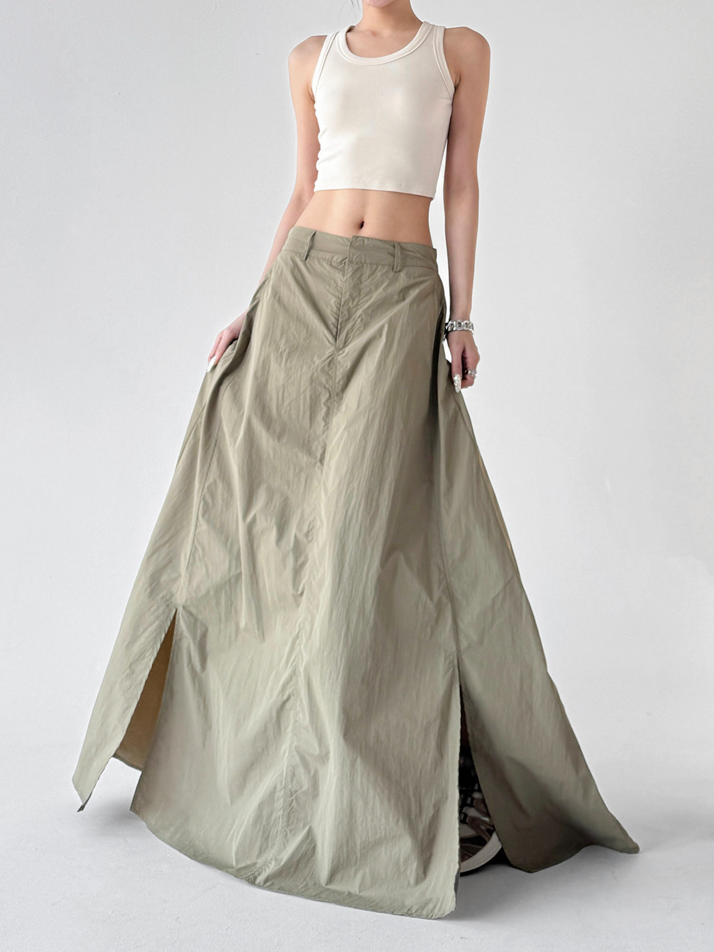 High Waist Slit Flowy Loose A-Line Long Skirt