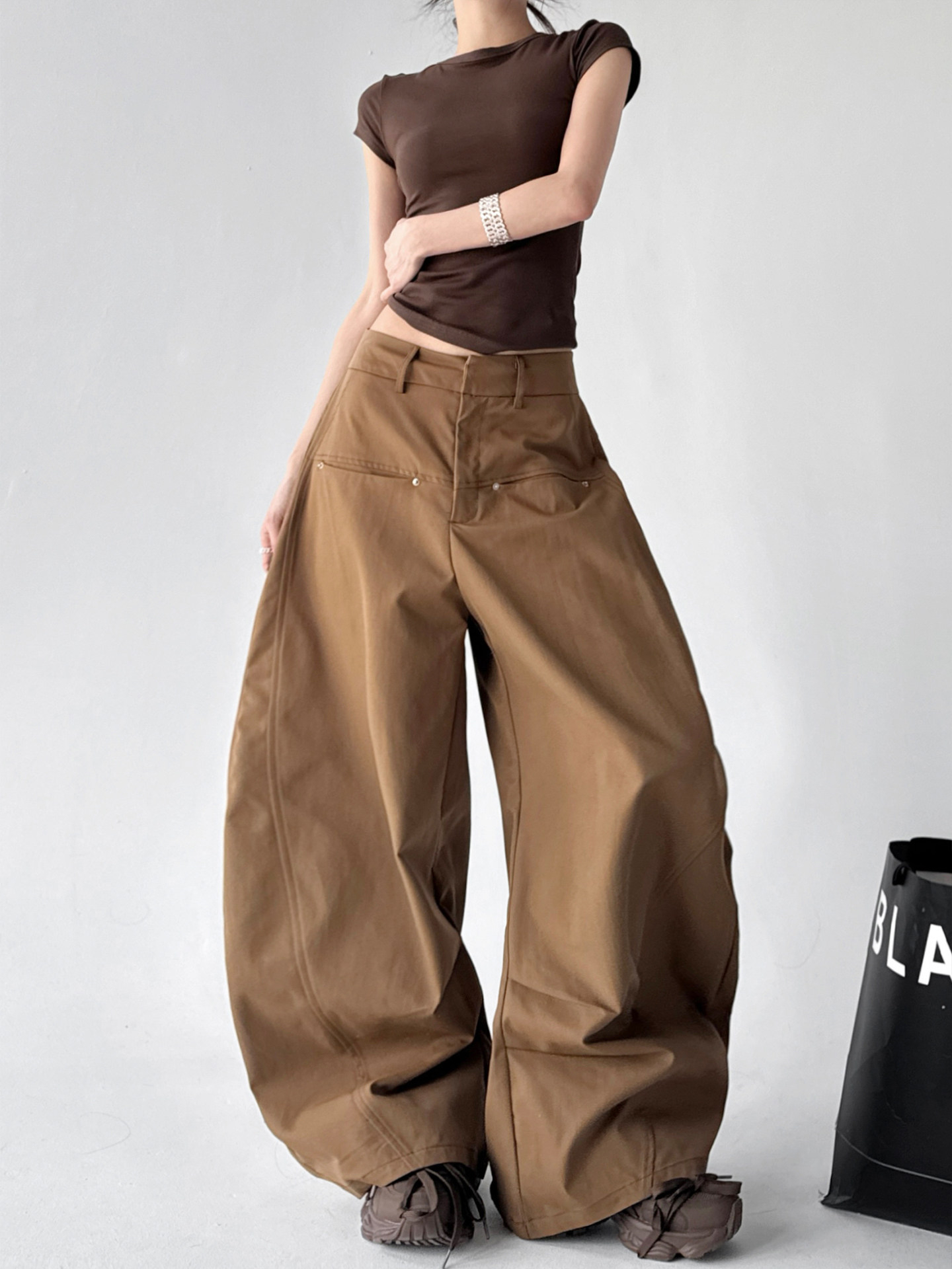 Caramel High Waist Loose Floor-Length Curved Cargo Wide Leg Pants