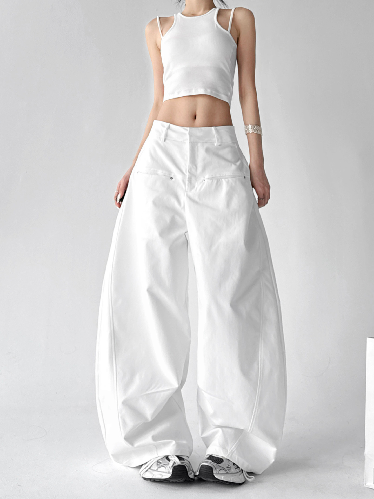 White High Waist Casual Loose Straight Curved Wide Leg Long Pants