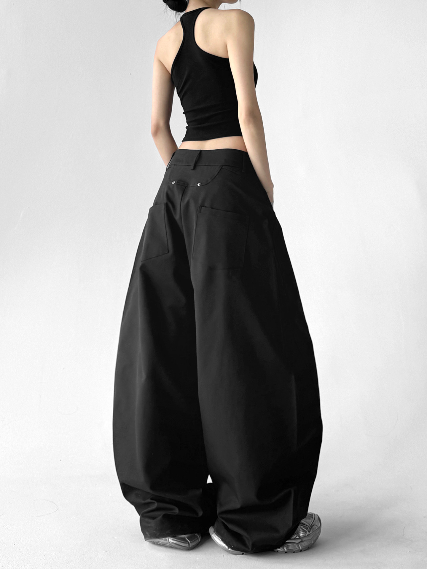 Black High Waist Casual Loose Straight Curved Wide Leg Long Pants