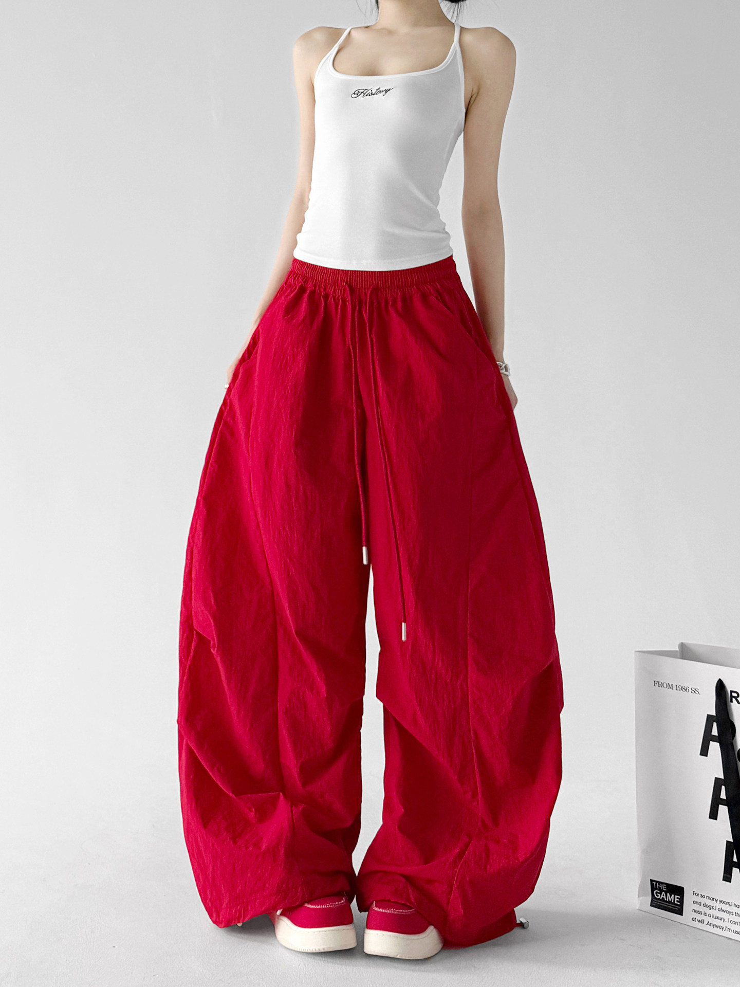 American Street Print Wide Leg Pants, Red Curved Trousers