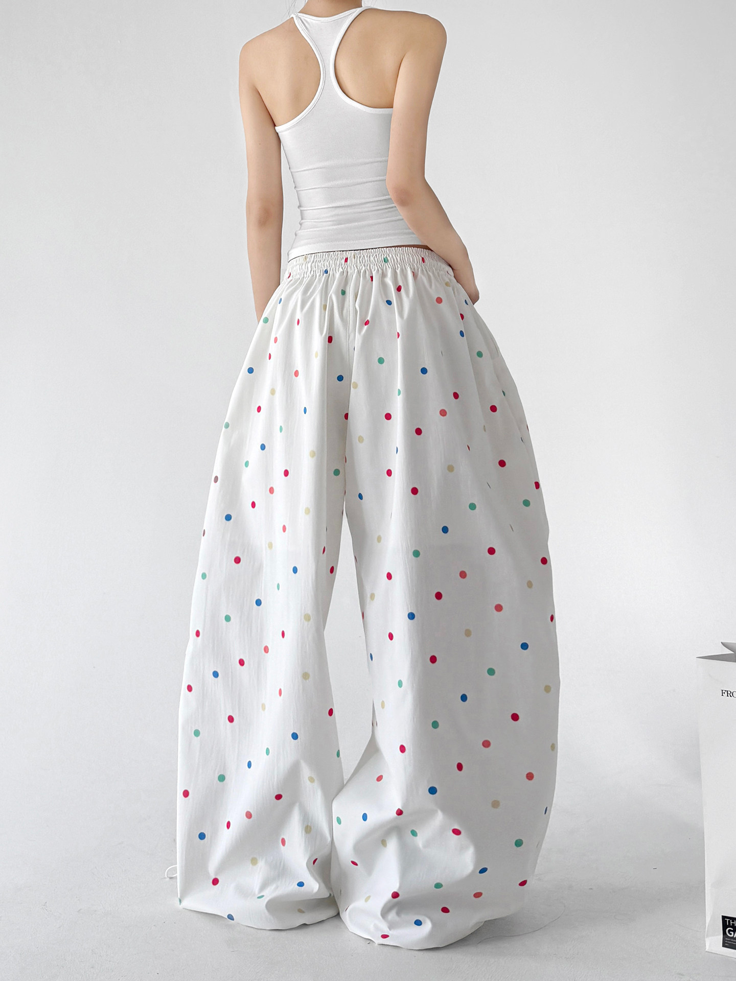 Dopamine Polka Dot Wide Leg Pants, White Casual Trousers