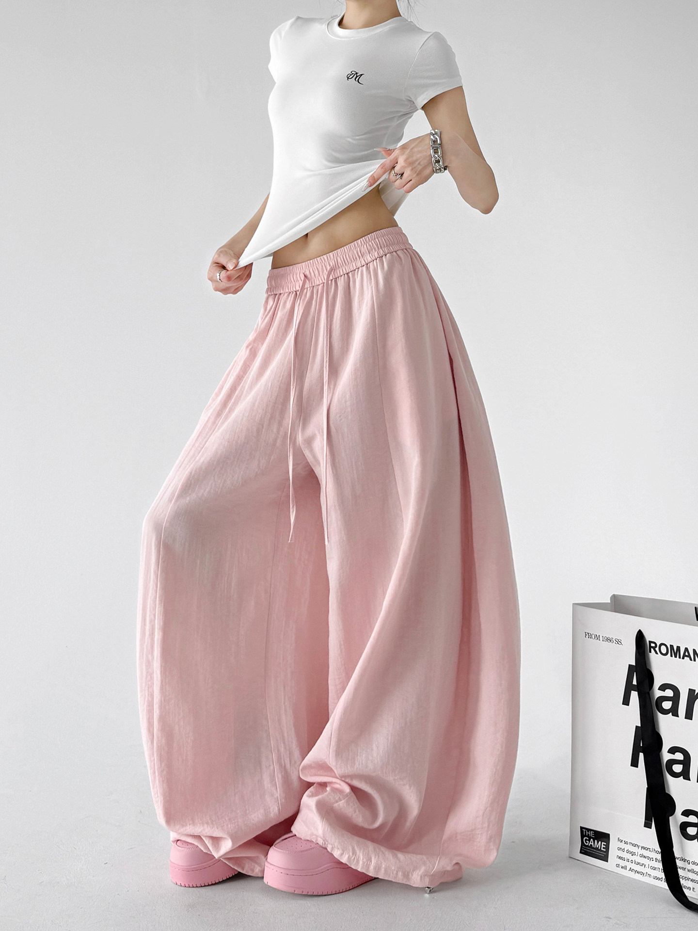 Lazy High Waist Linen Wide Leg Pants, Pink&White Drape Trousers