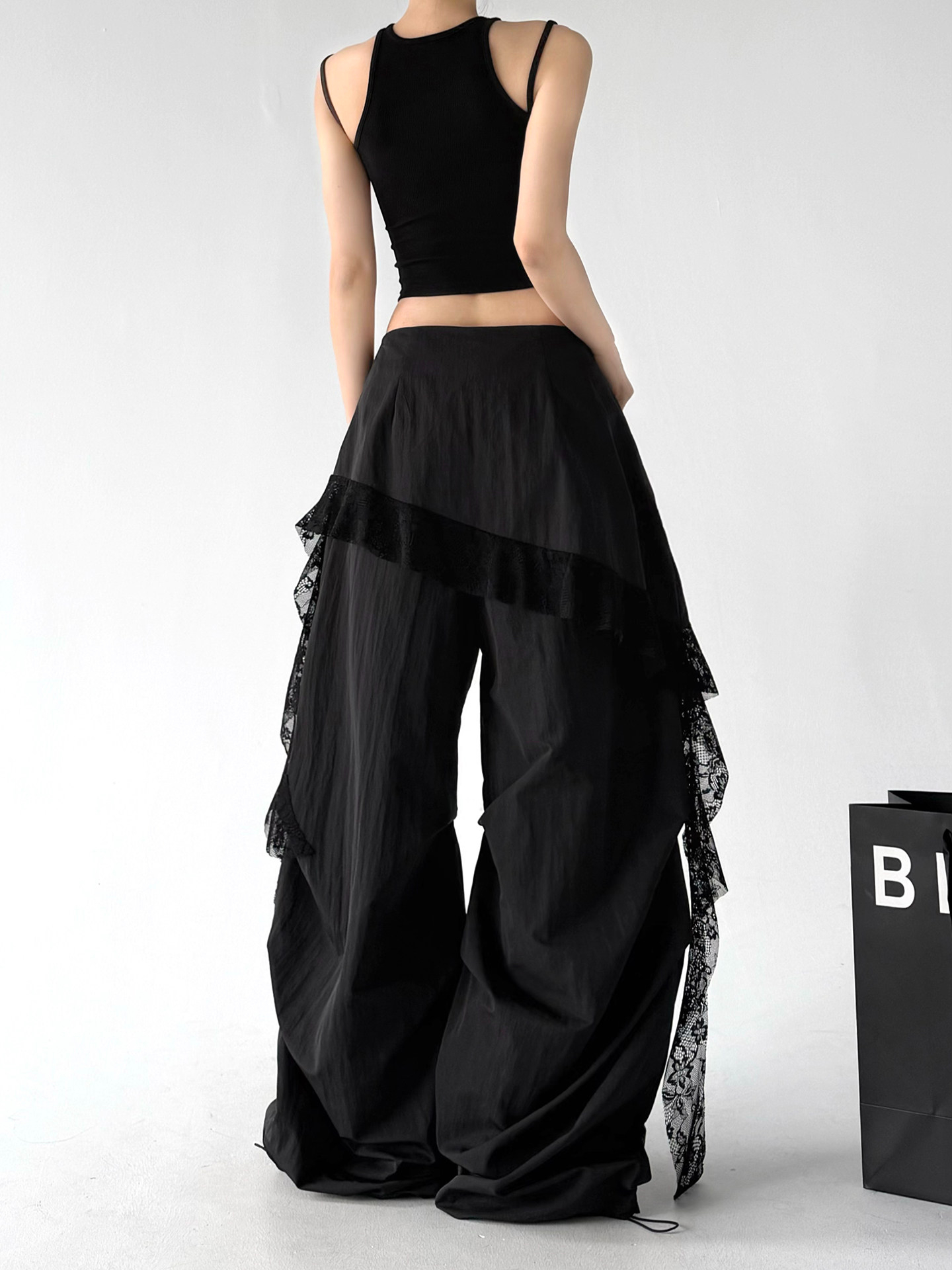Black Lace Splicing Loose Casual Wide Leg Pants