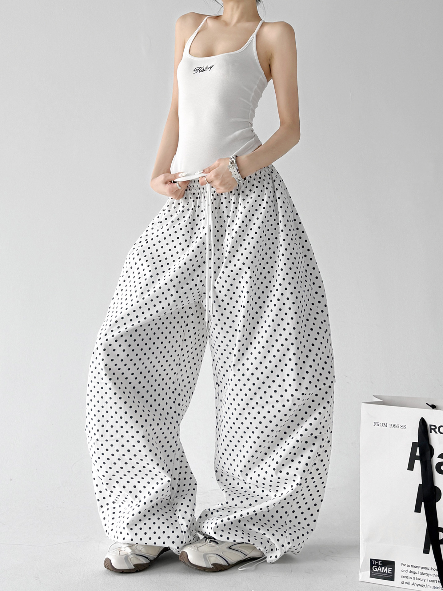 White Polka Dot Quick Dry Lazy Wide Leg Pants