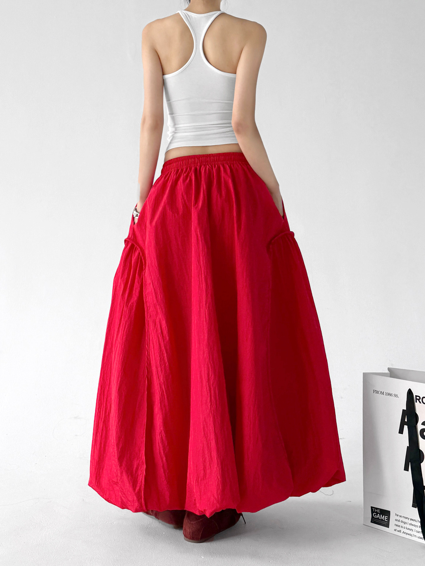 Red Bud High Waist Flared A-Line Maxi Skirt