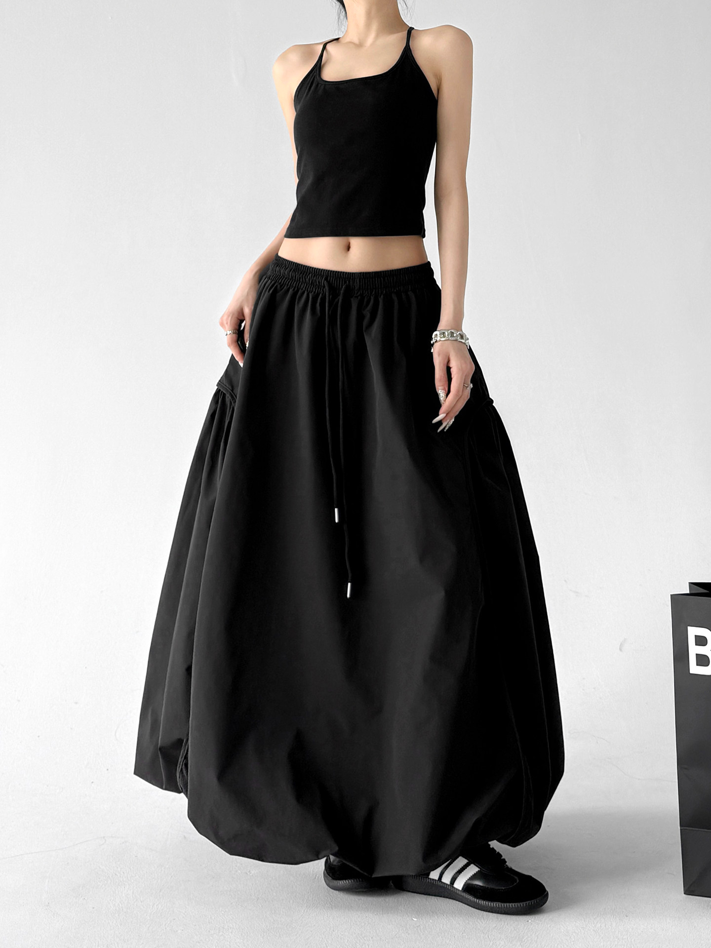 Black Bud High Waist Flared A-Line Maxi Skirt