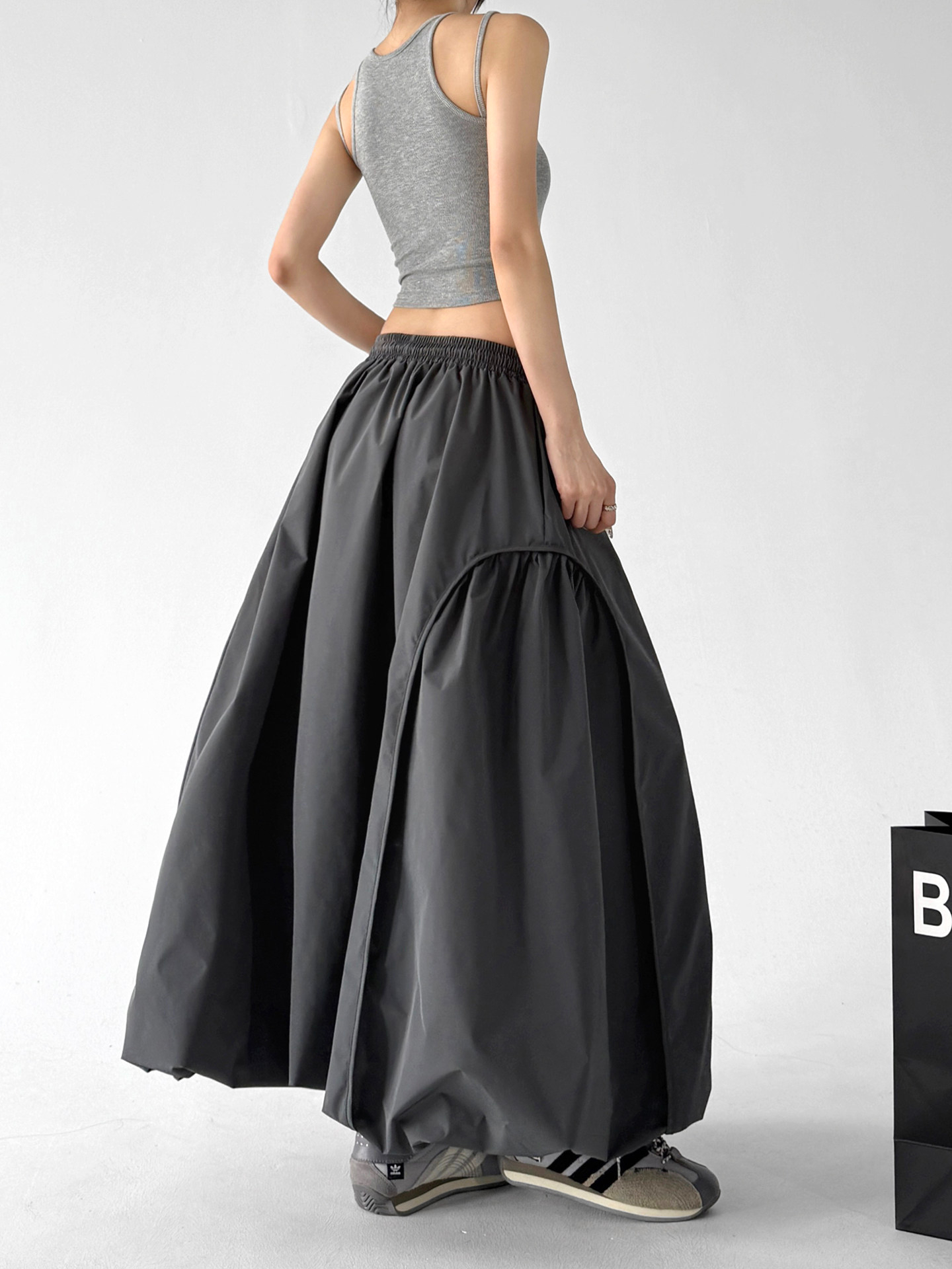 Gray Bud High Waist Flared A-Line Maxi Skirt