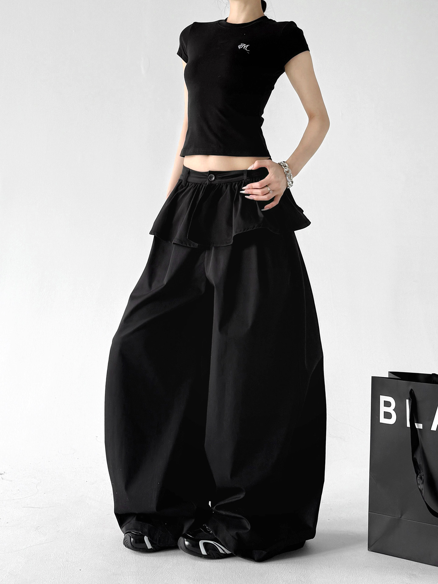 Black Ruffle Fake Two-Piece Loose Wide Leg Skirt Pants