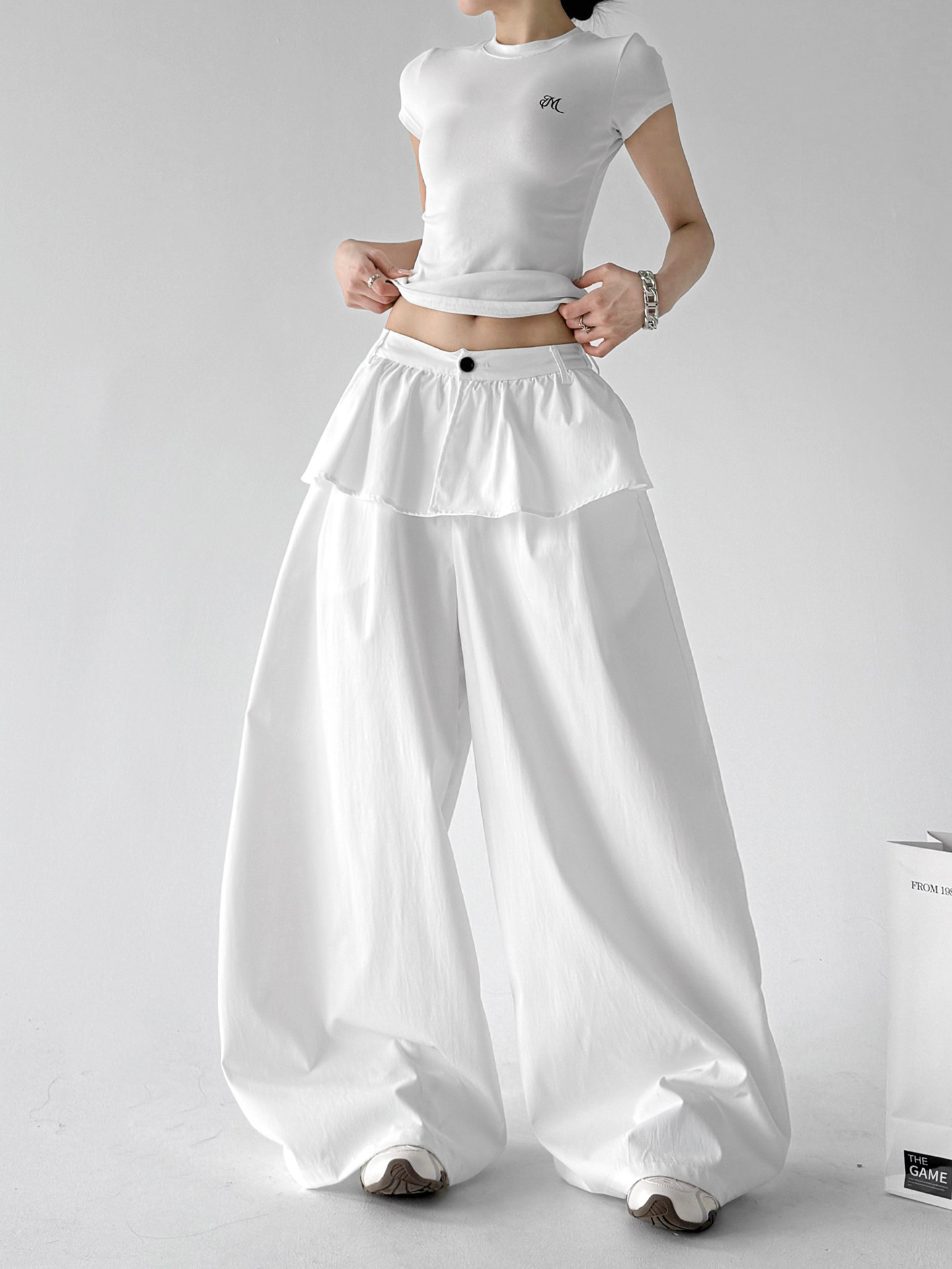 White Ruffle Fake Two-Piece Loose Wide Leg Skirt Pants