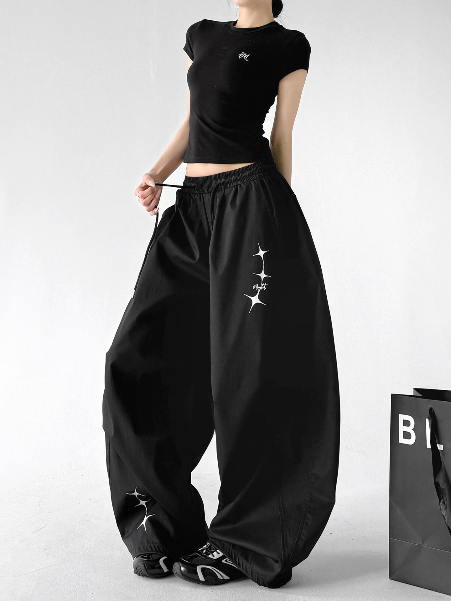 Black Loose Parachute Cargo Outdoor Wide Leg Pants