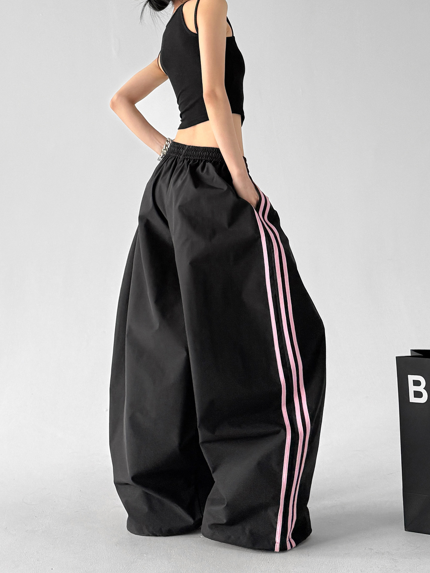 Black Color Block Stripe Elastic Waist Wide Leg Pants