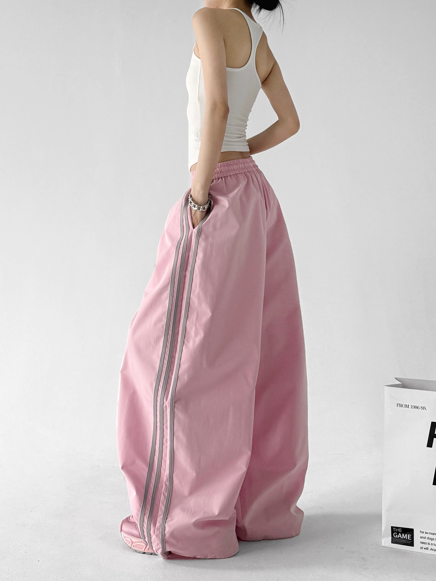 Pink Color Block Stripe Elastic Waist Wide Leg Pants