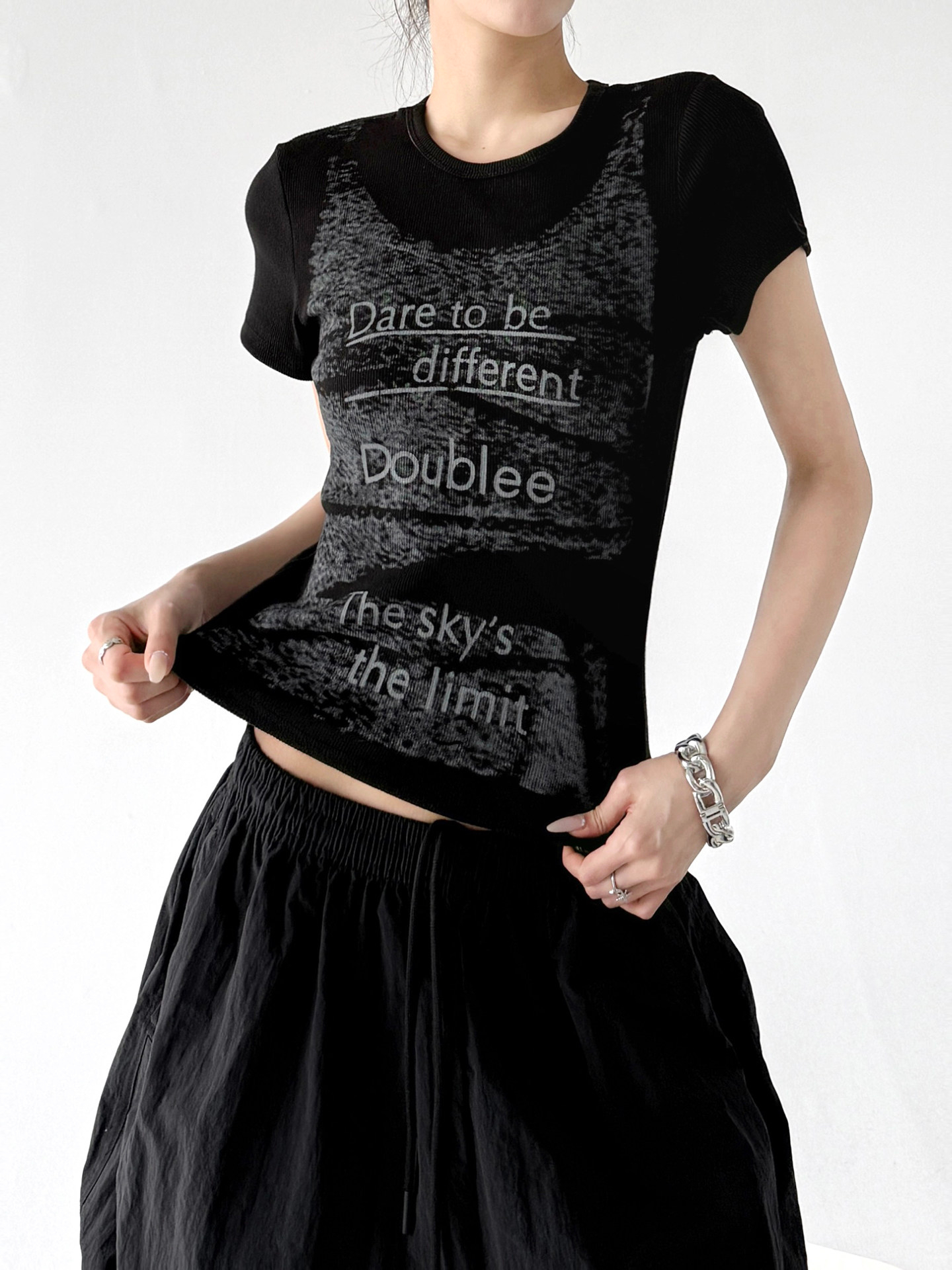 Black Letter Print Slim Fit Crew Neck Short Sleeve Tee