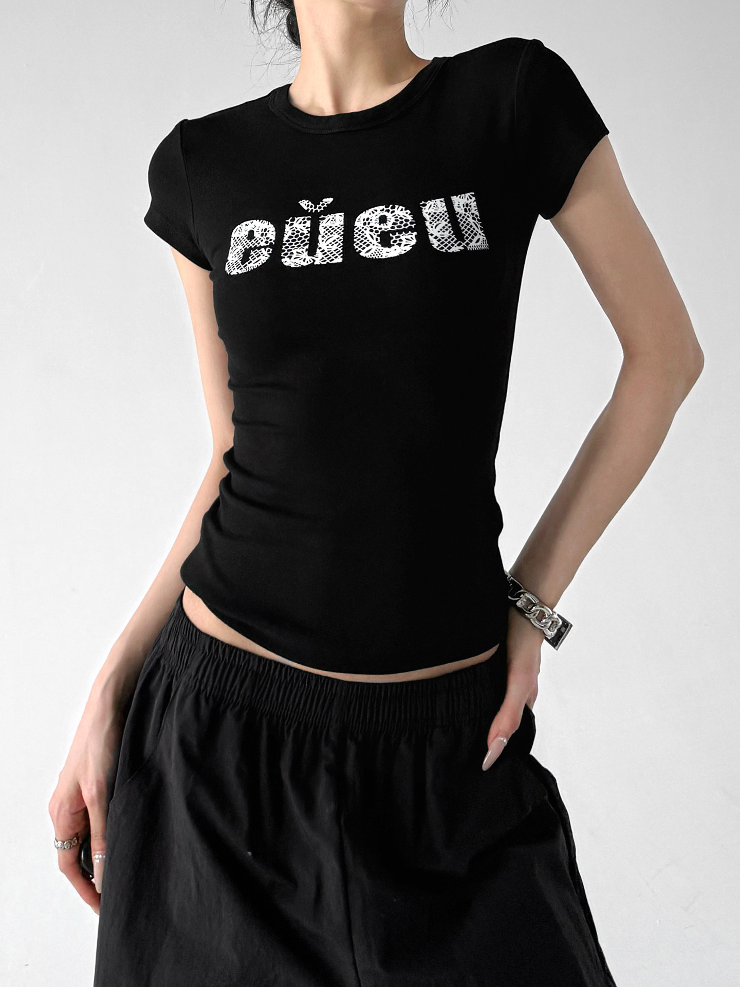 Black Letter Print Slim Fit Crew Neck Short Sleeve Tee
