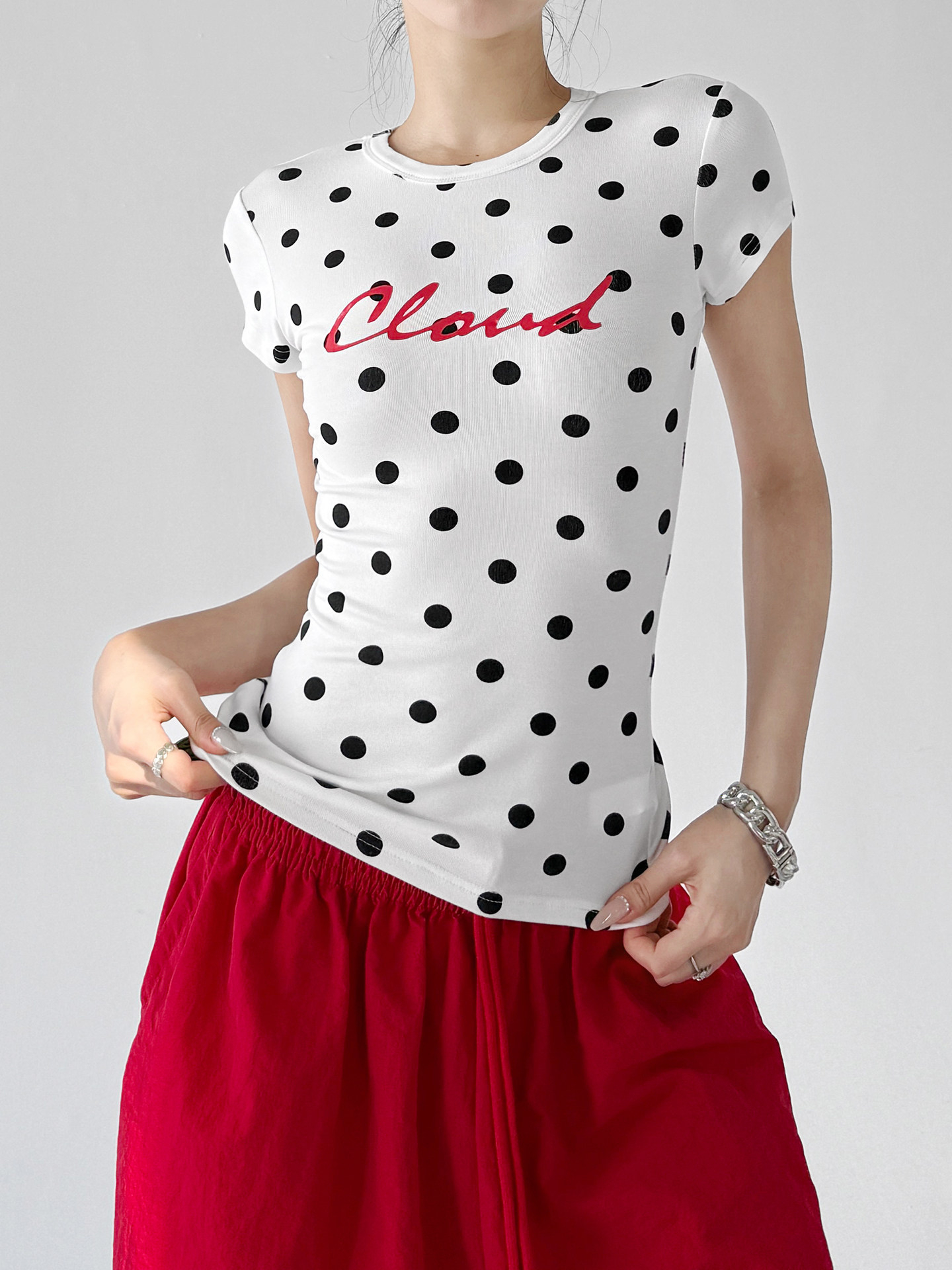 White Polka Dot Slim Fit Casual Short Sleeve Top