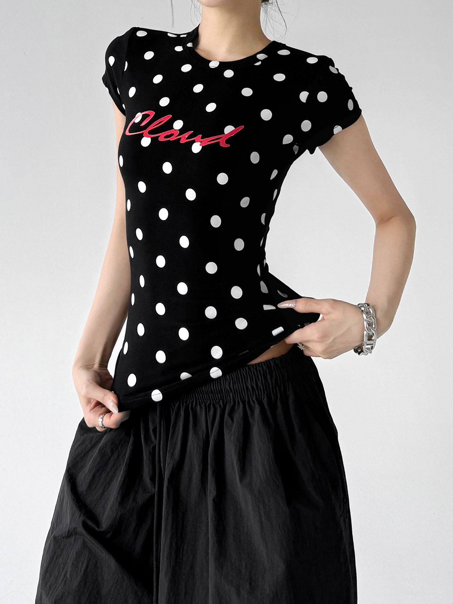 Black Polka Dot Slim Fit Casual Short Sleeve Top