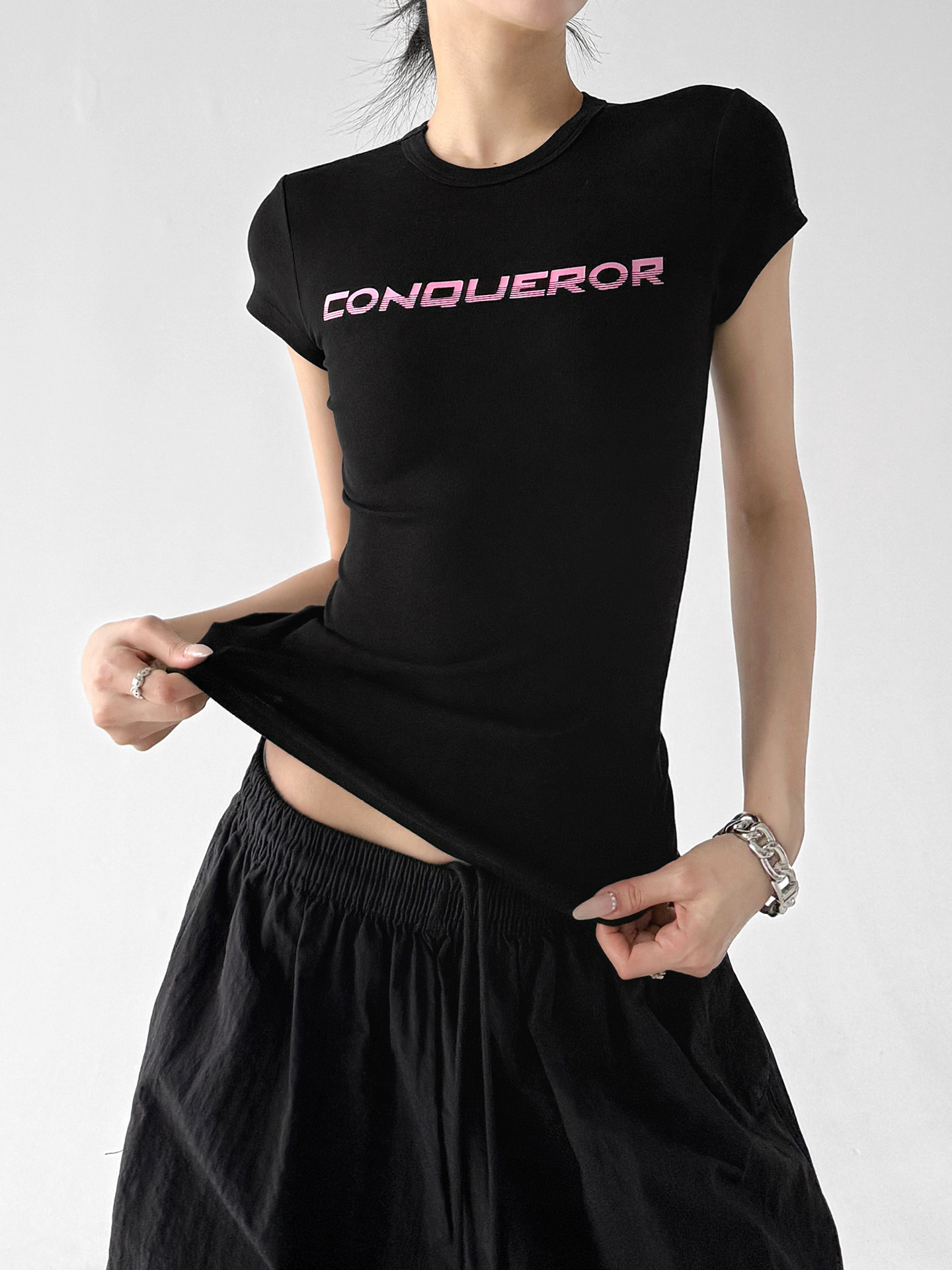 Black Letter Print Slim Casual Short Sleeve Top